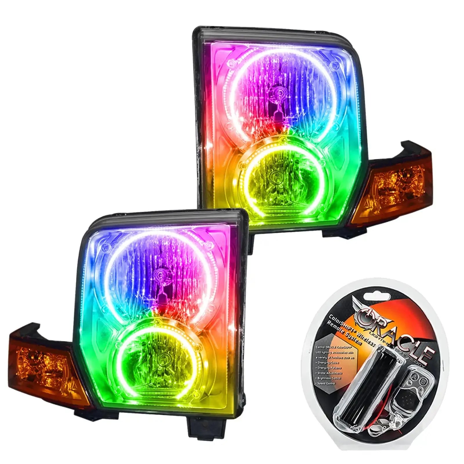 Pair of RGB LED halo headlights with remote for off-road vehicles, multi-color lighting kit