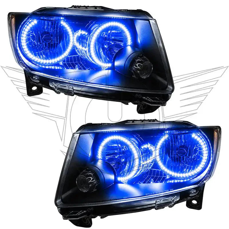 Pair of blue halo LED headlights for Toyota Tacoma, black housing, modern automotive lighting