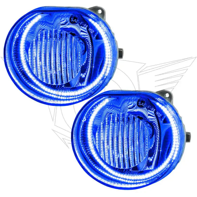 Pair of round LED halo fog lights for off-road vehicles, blue lens, close-up view.