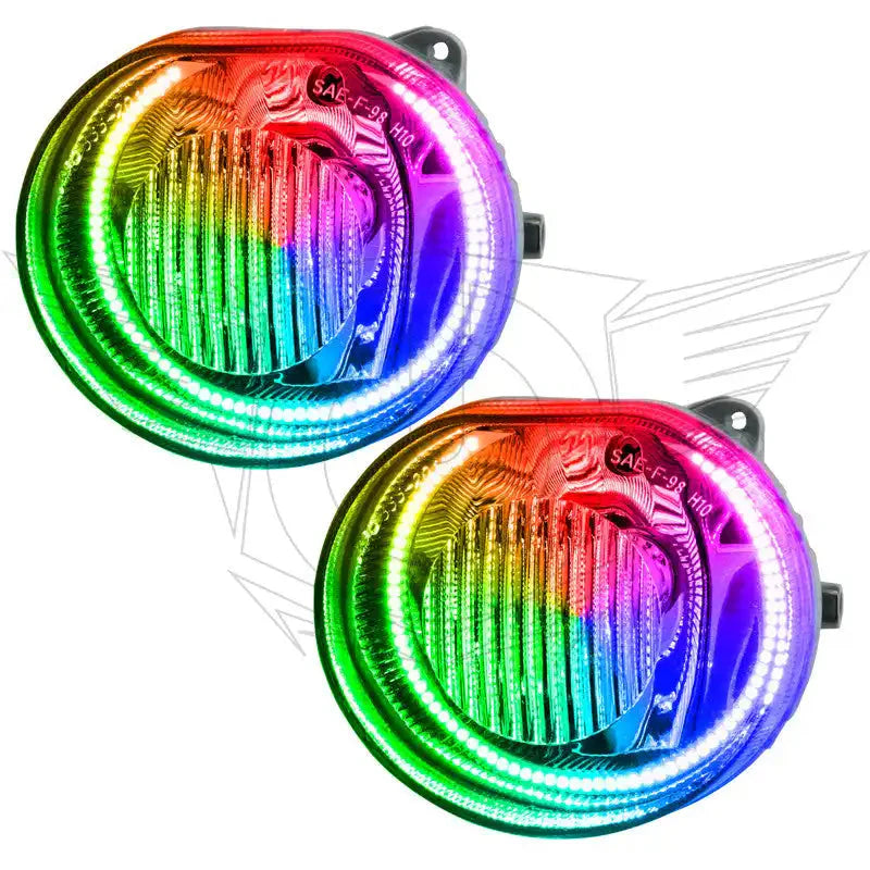 Pair of round RGB LED fog lights with colorful halo rings for off-road vehicles