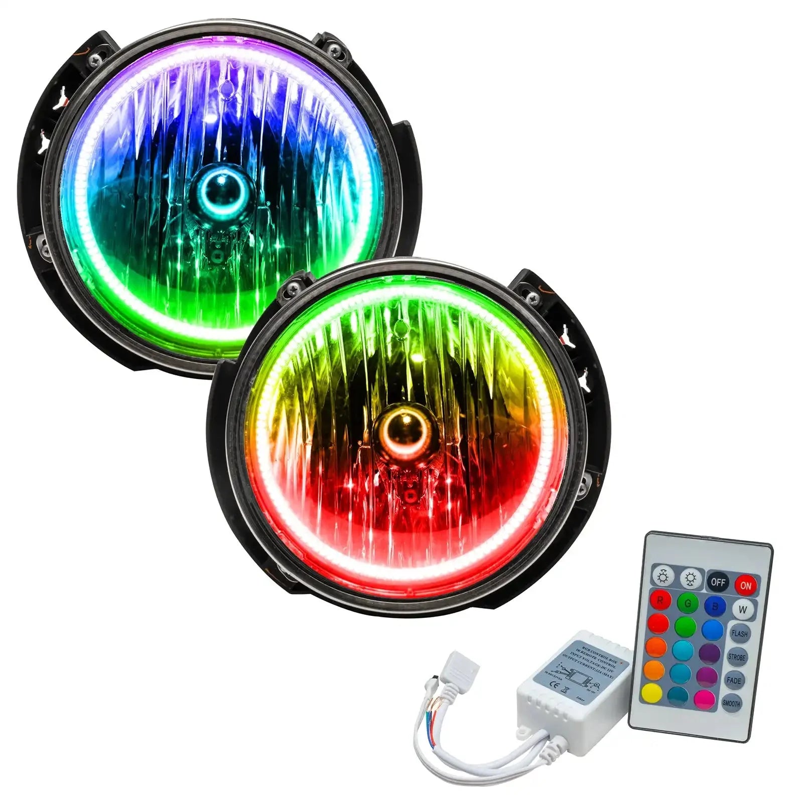 Pair of multicolor LED halo headlights for off-road vehicles with remote control