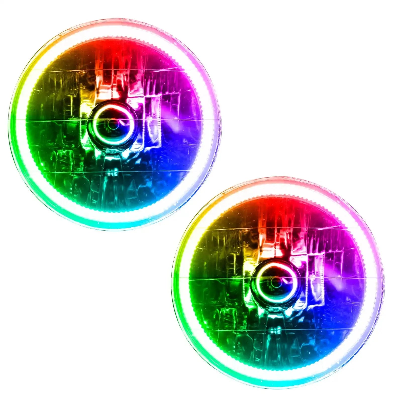 Pair of round LED RGB color-changing headlights for off-road vehicles or trucks