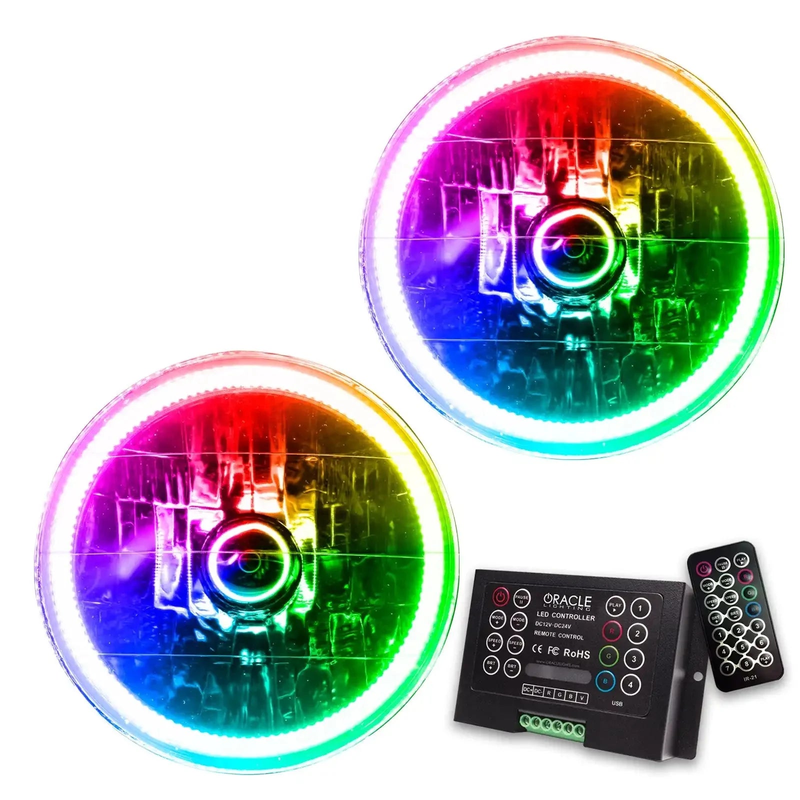 Pair of round RGB LED headlights with remote control for off-road vehicles