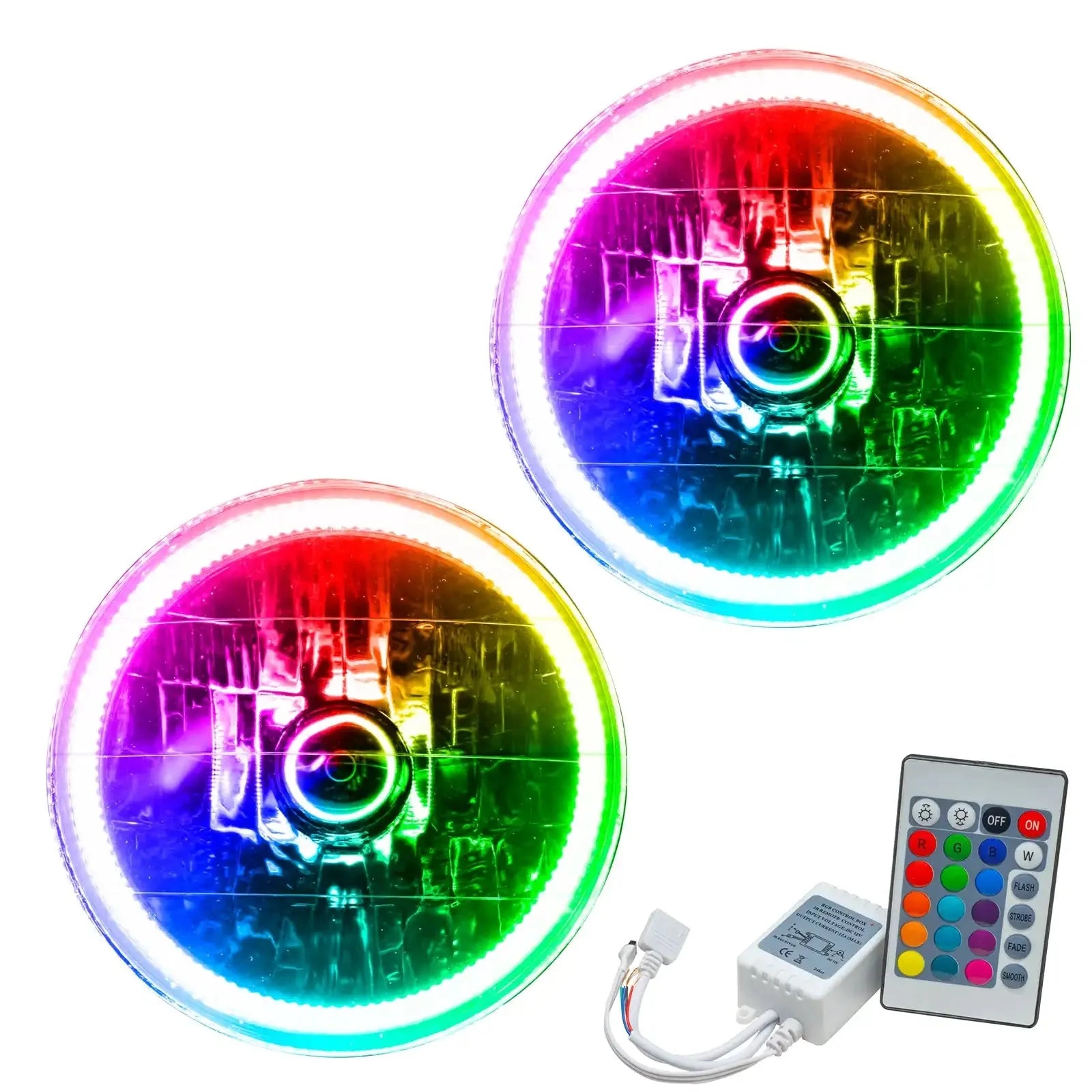 Pair of round RGB LED headlights with remote control for off-road vehicles