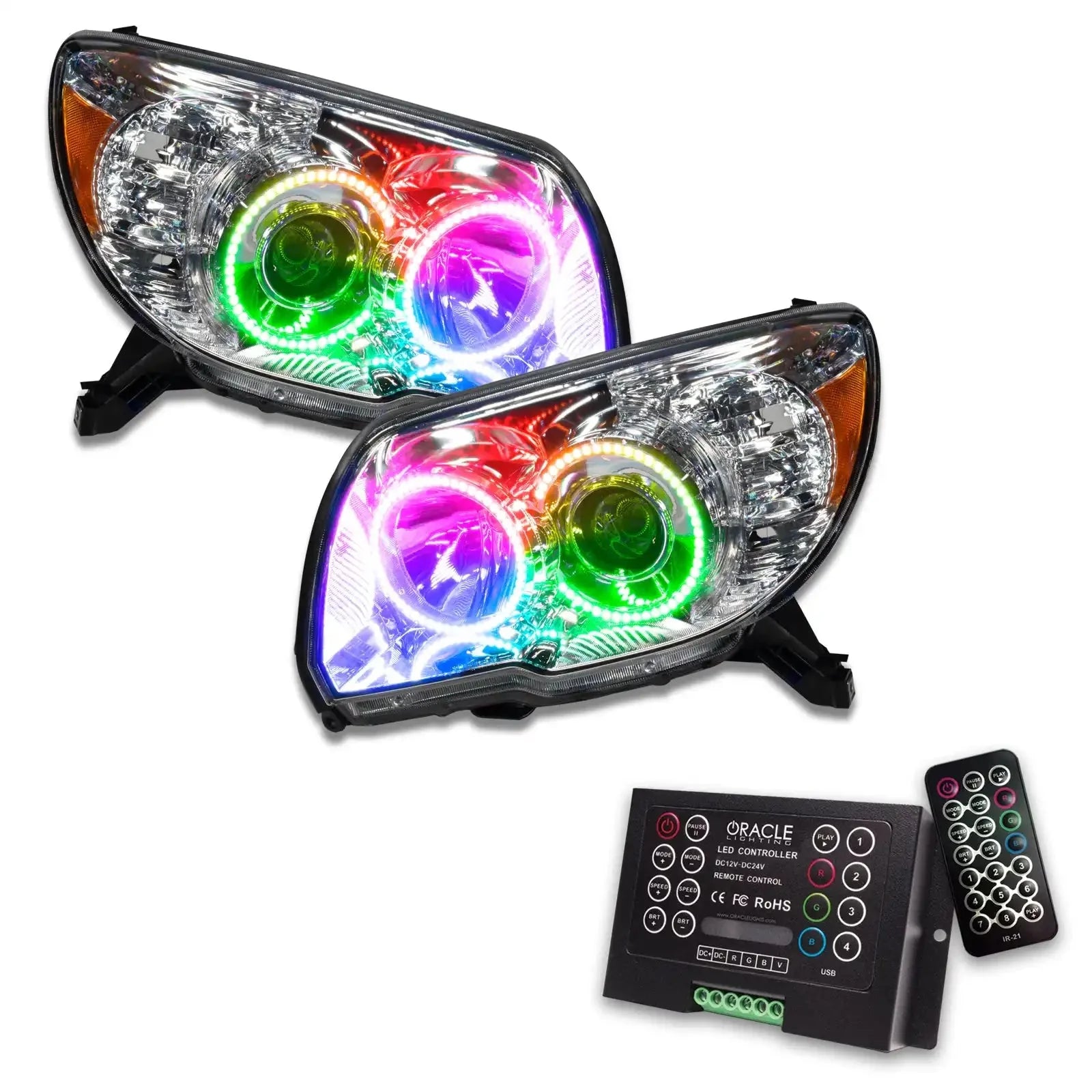 Pair of aftermarket RGB LED projector headlights with controller for Toyota Tacoma
