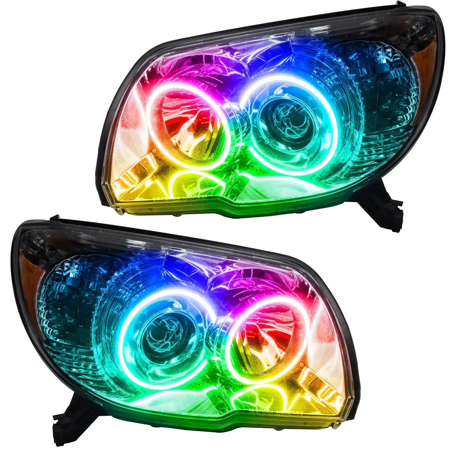 Pair of custom RGB LED halo headlights for Toyota 4Runner, vibrant multicolor lighting