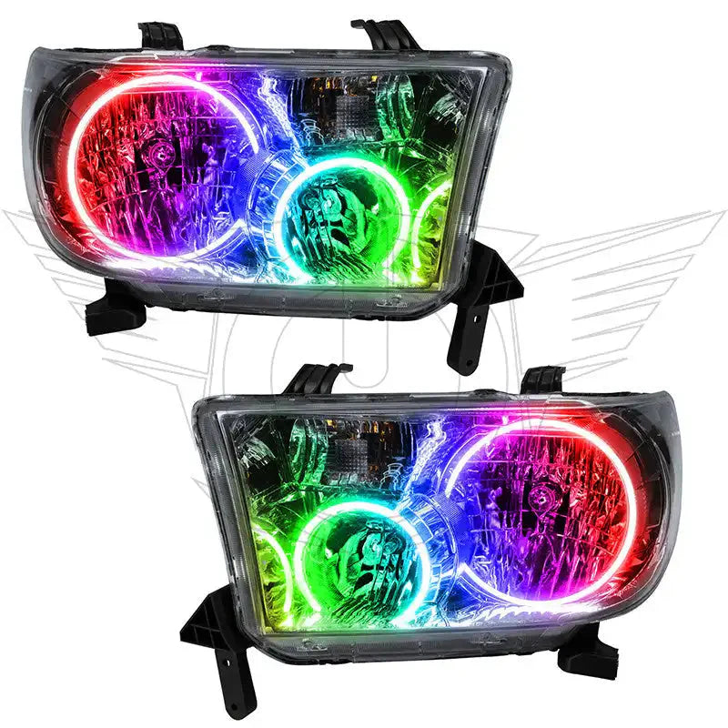 Pair of multicolor LED projector headlights for Toyota Tacoma, overlanding vehicle accessory