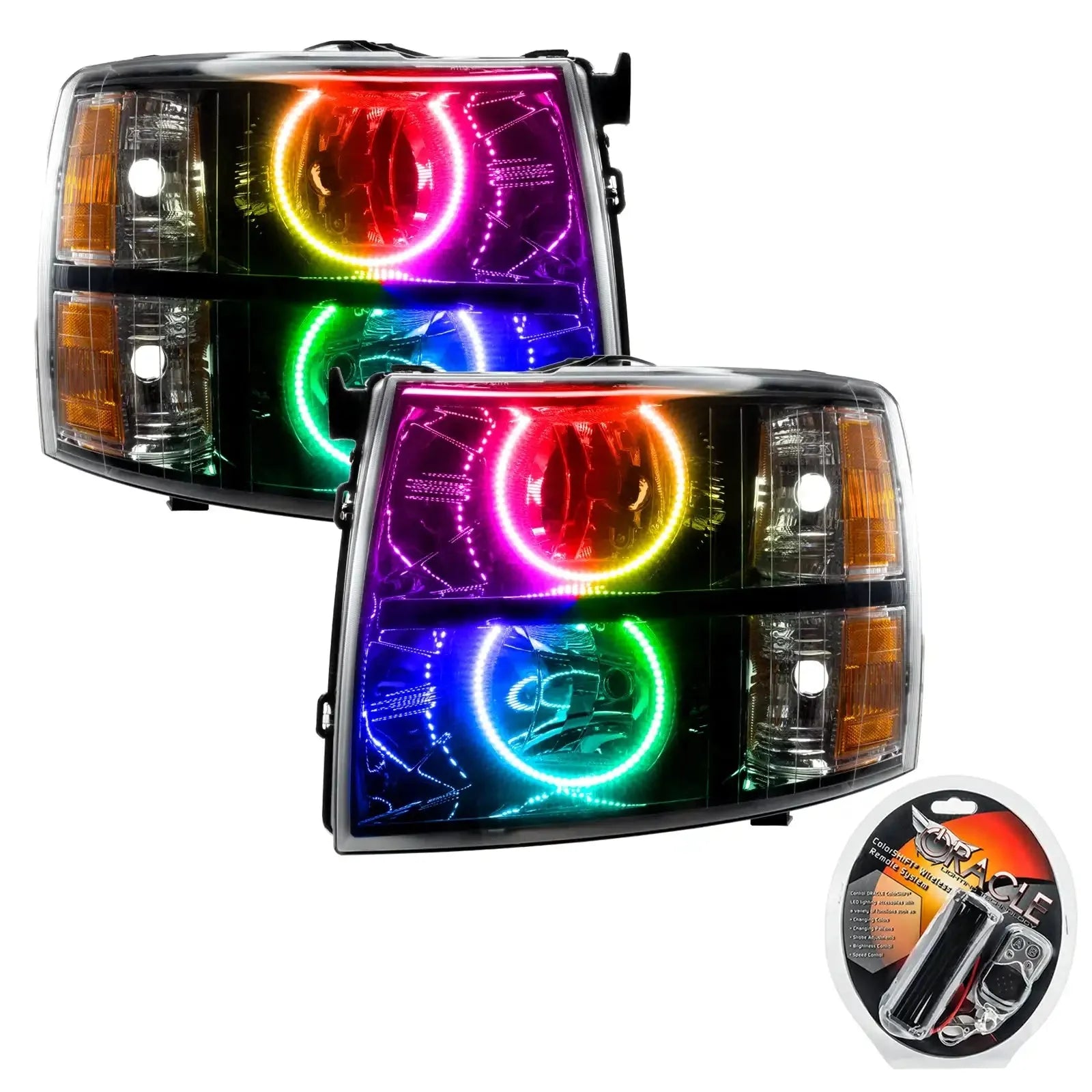 Pair of LED RGB halo projector headlights with multicolor rings and remote kit for trucks