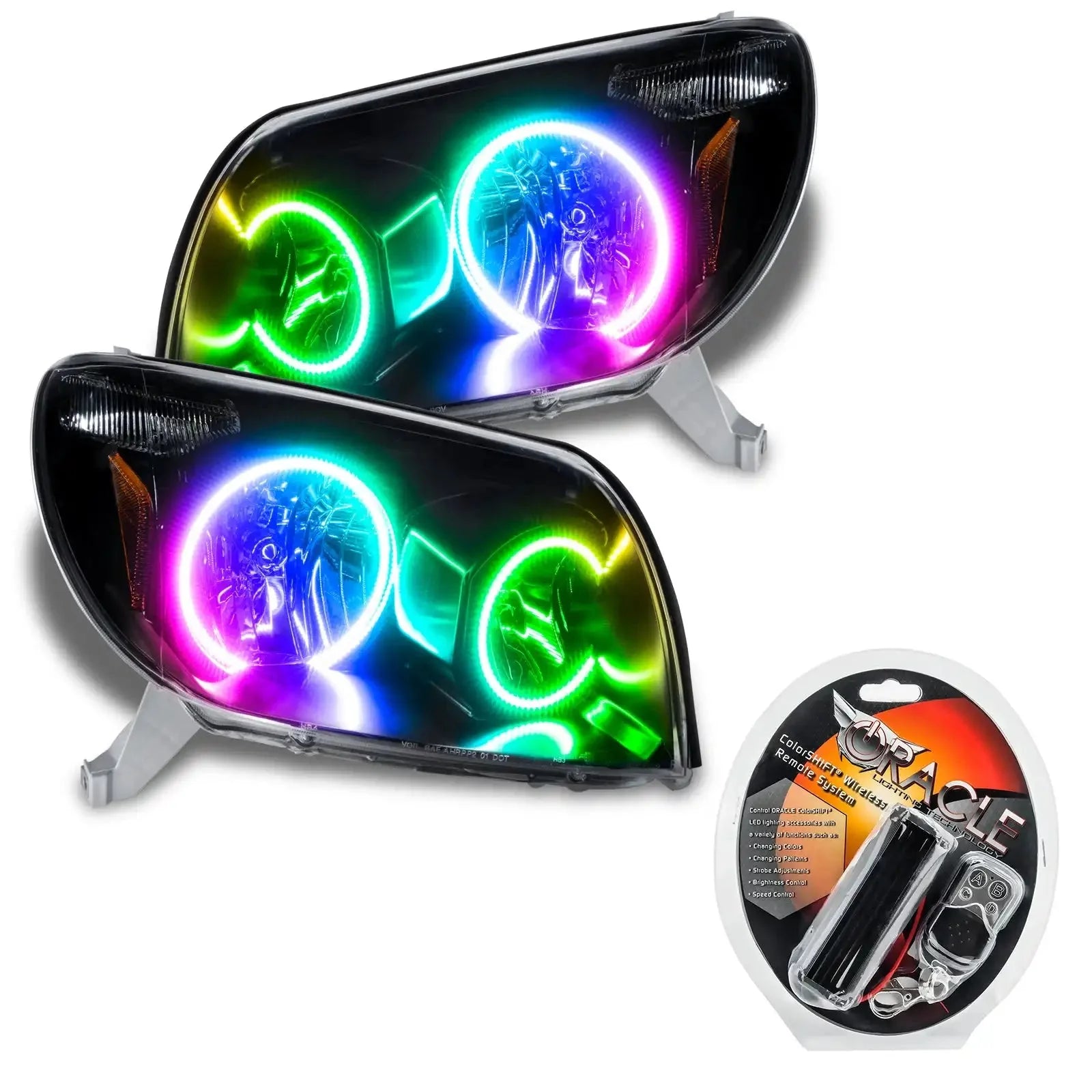 Pair of aftermarket headlights with multicolor LED halo rings and remote control kit