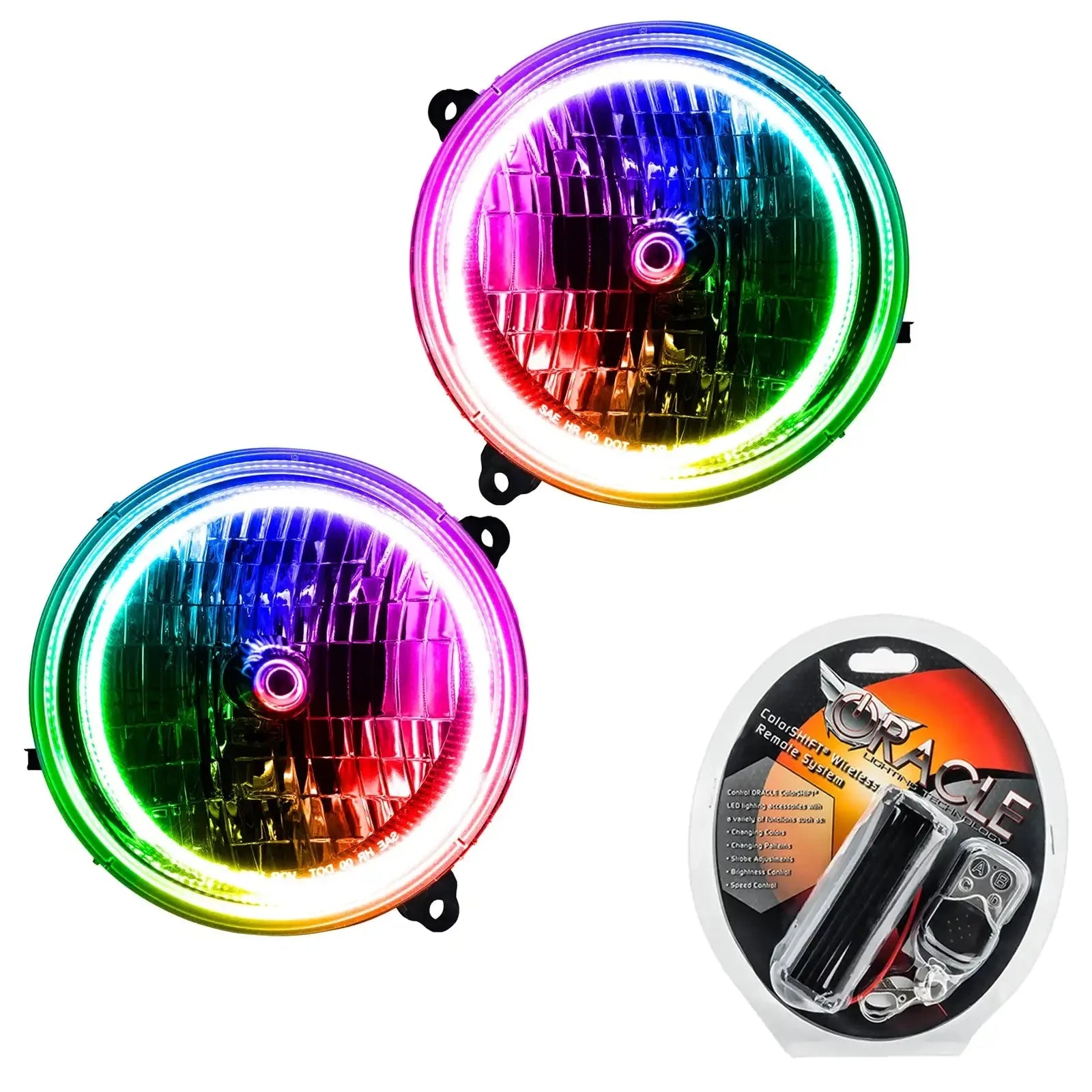 Pair of round RGB LED halo headlights with color-changing kit and remote for off-road vehicles