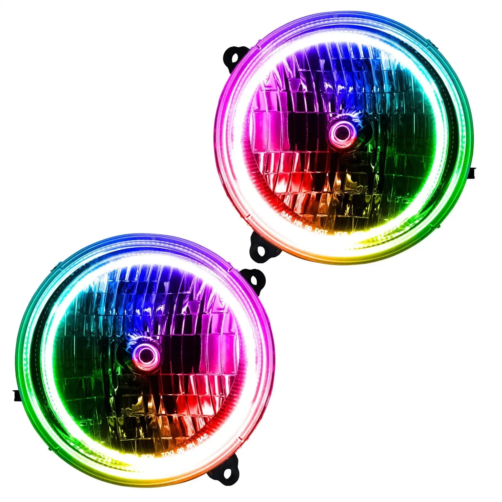 Pair of round LED headlights with multicolor halo rings for off-road vehicles or Jeeps