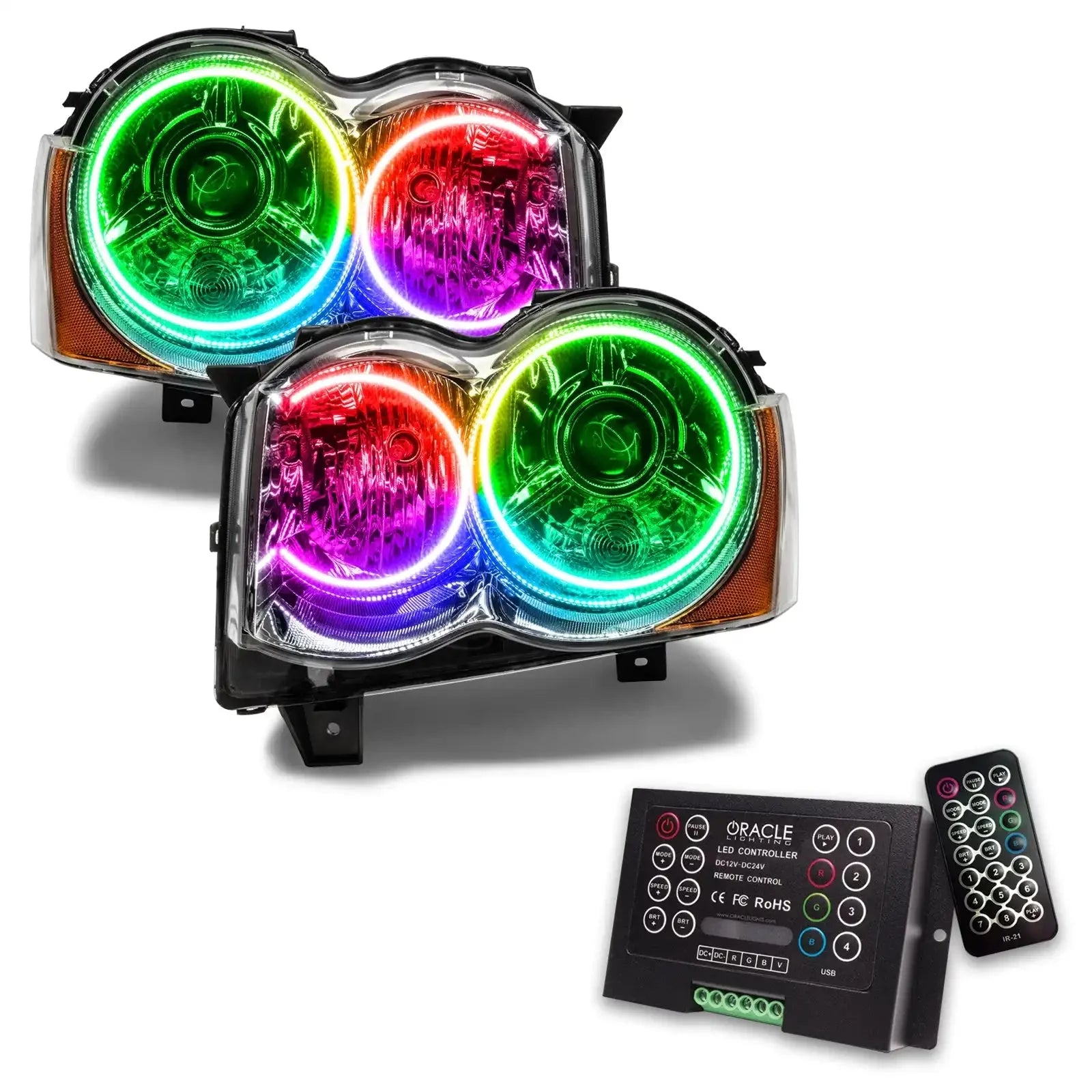 Pair of LED halo headlights with multicolor rings and remote control for off-road vehicles