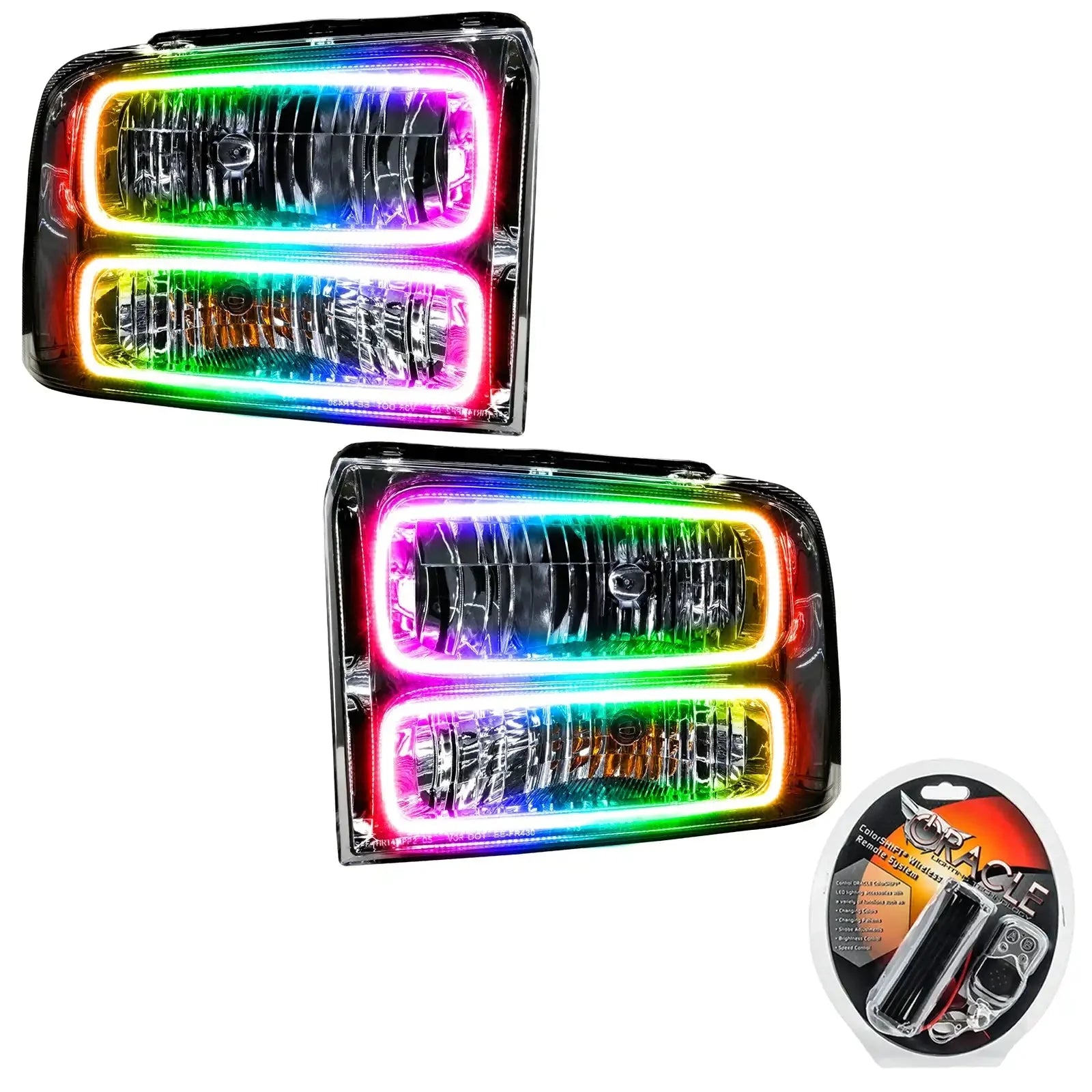 Pair of LED RGB halo headlight assemblies with control module for off-road vehicles