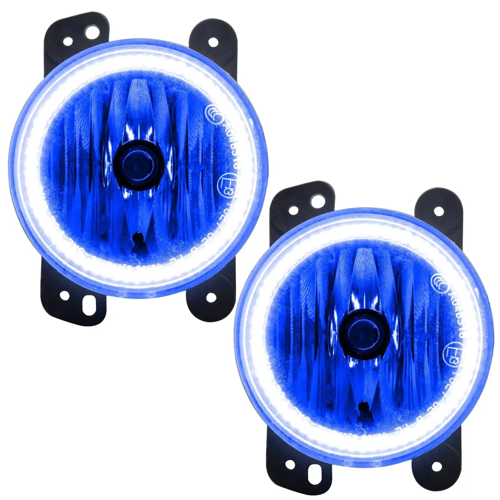 Pair of round blue LED halo fog lights with black mounting brackets for off-road vehicles