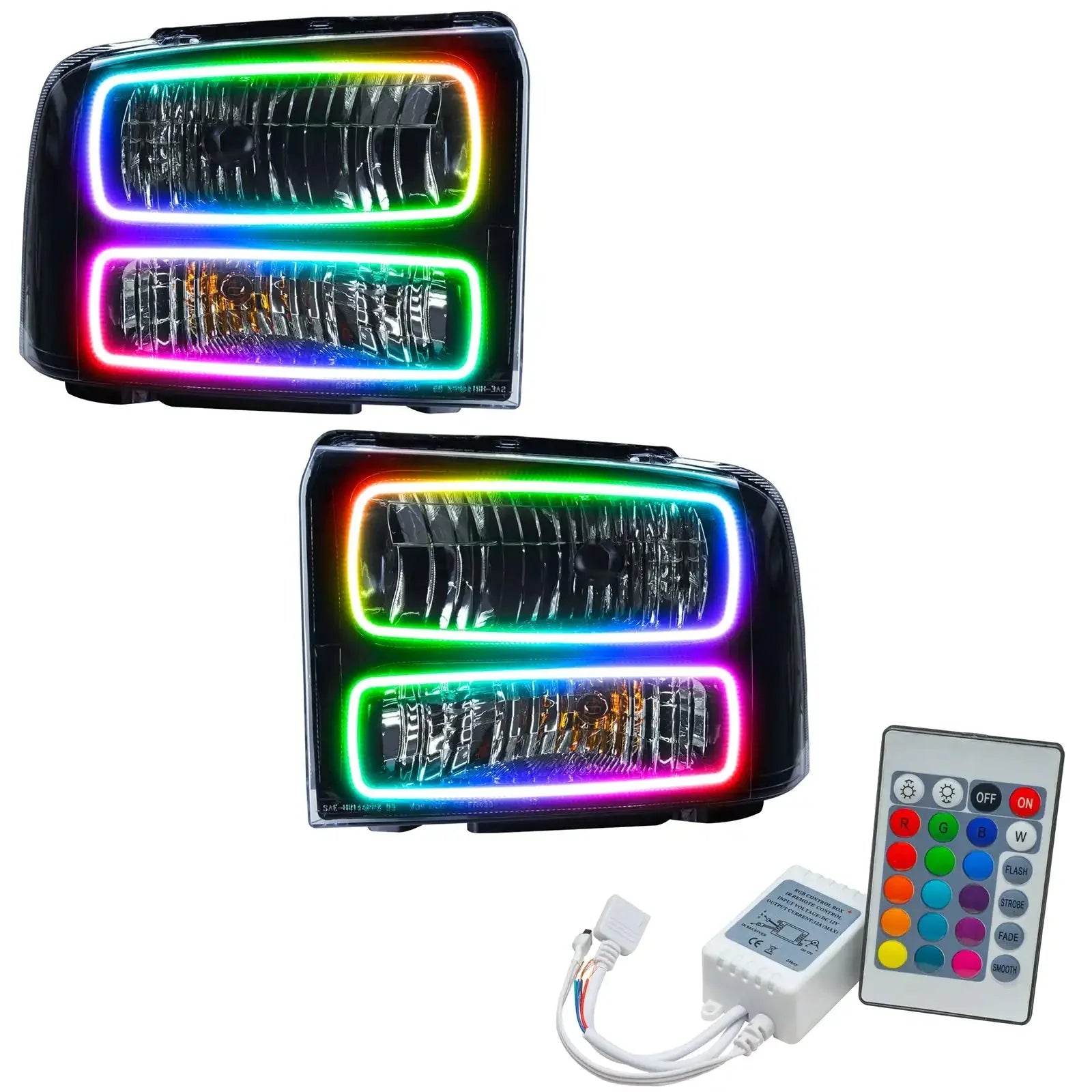 Pair of RGB LED halo headlights with remote control for off-road vehicles and trucks