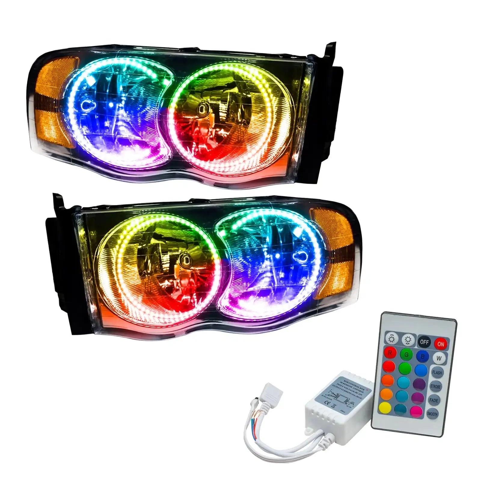 Pair of multicolor LED halo projector headlights for Toyota Tacoma with remote control