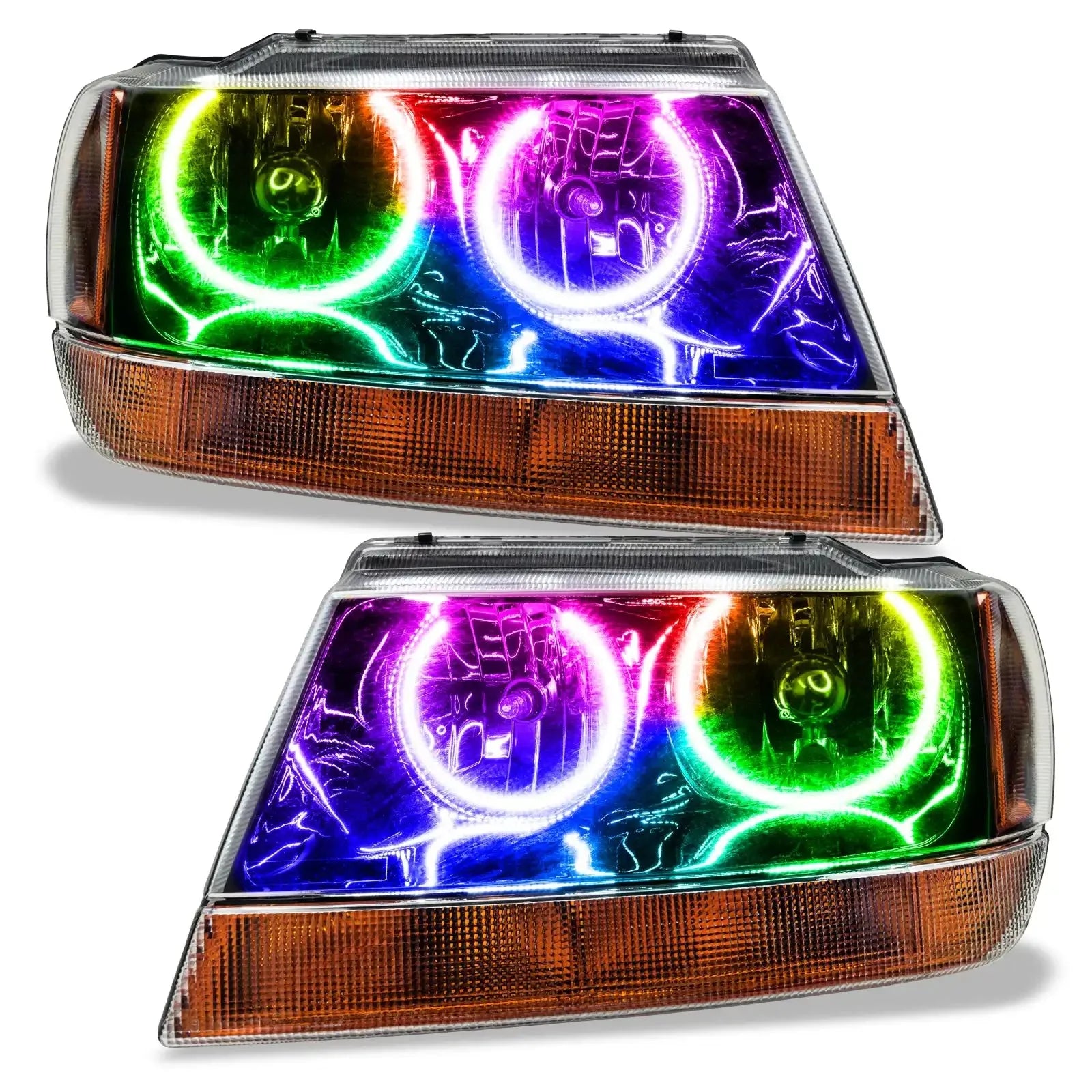 1999-2004 Jeep Grand Cherokee Pre-Assembled Halo Headlights-Black Housing with ColorSHIFT LED halo rings.