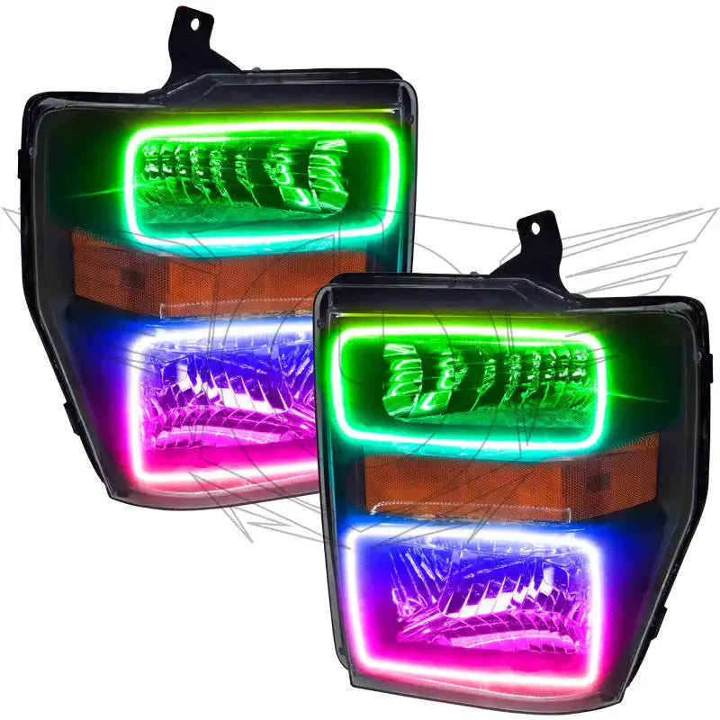 Custom LED projector headlights with green, pink, and blue accents for Toyota Tacoma
