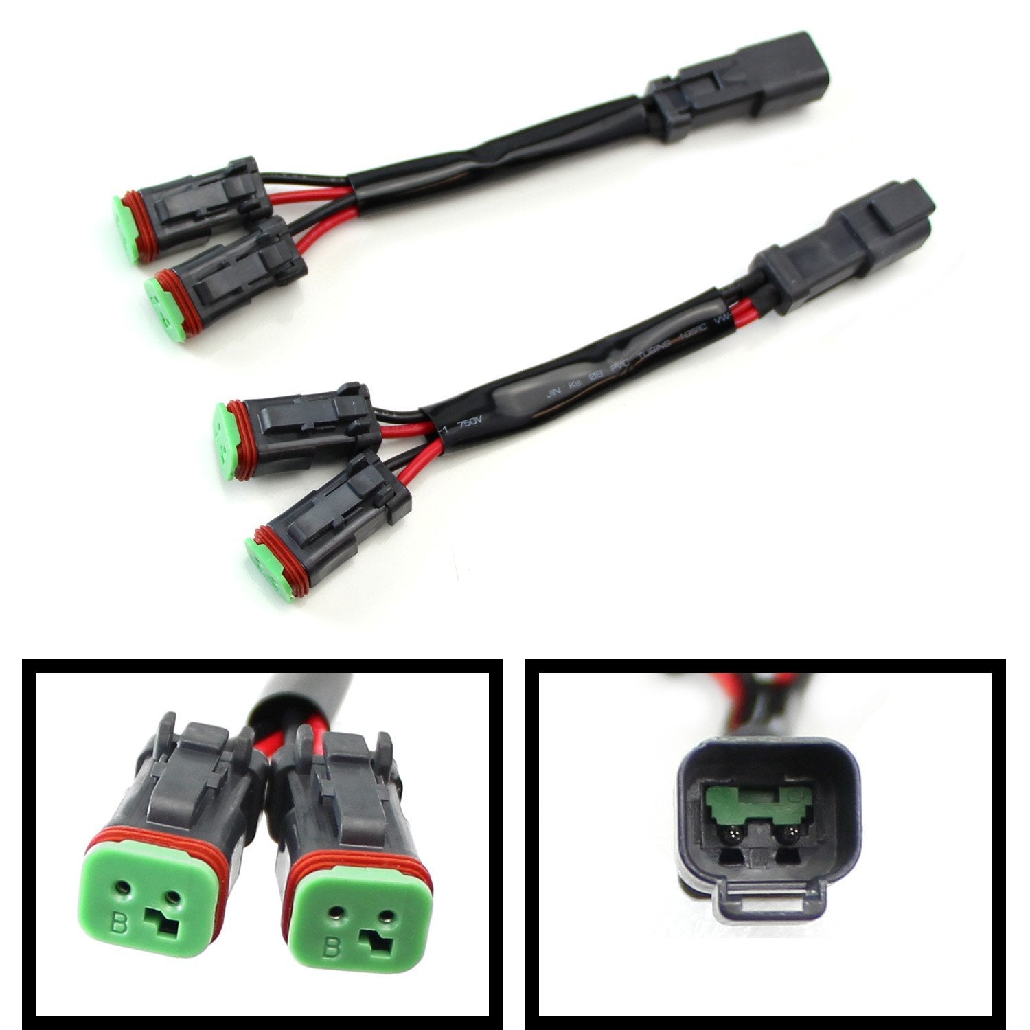 Y-shaped automotive wiring harness with green and black connectors for vehicle accessories