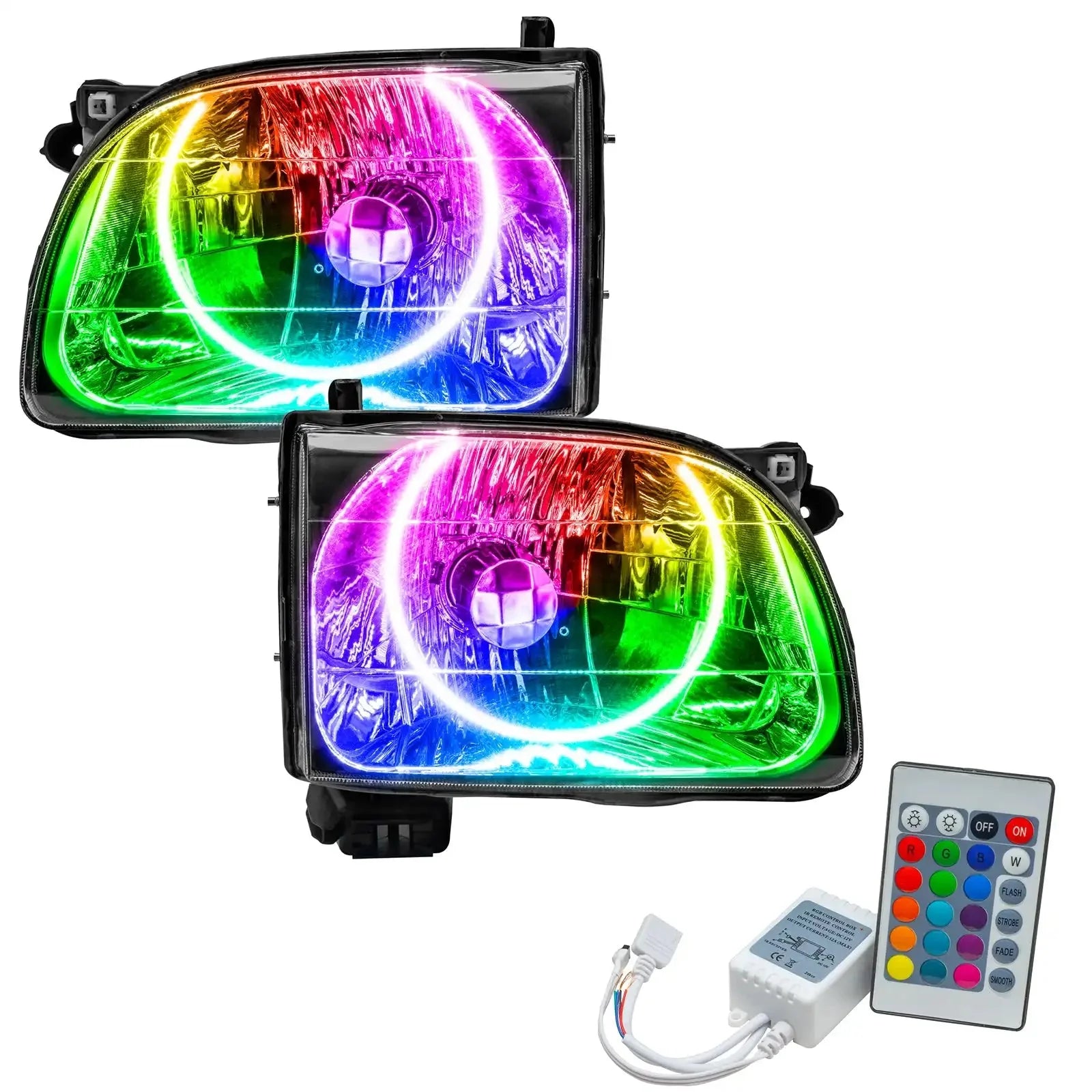 Pair of multi-color LED halo headlights with remote control for off-road vehicles
