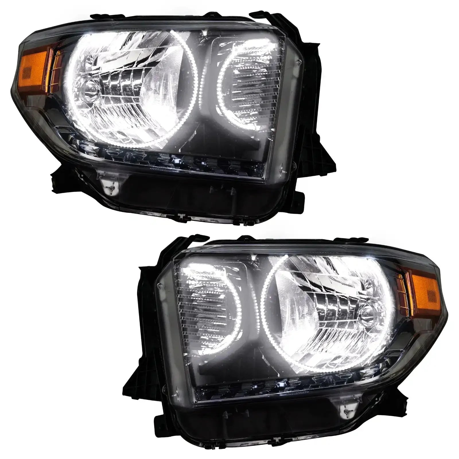 Pair of LED projector headlights for Toyota Tacoma with clear lens and amber accents