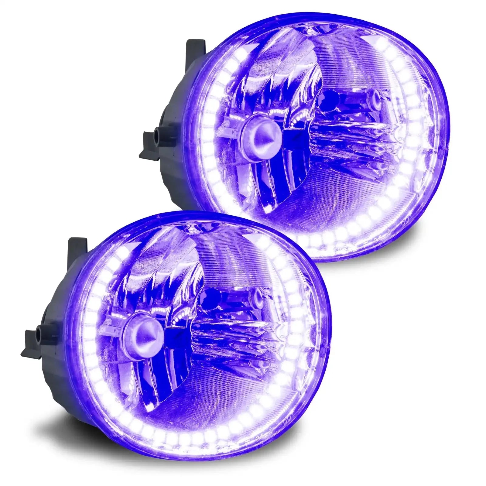 Pair of round LED fog lights with purple halo rings for off-road vehicles