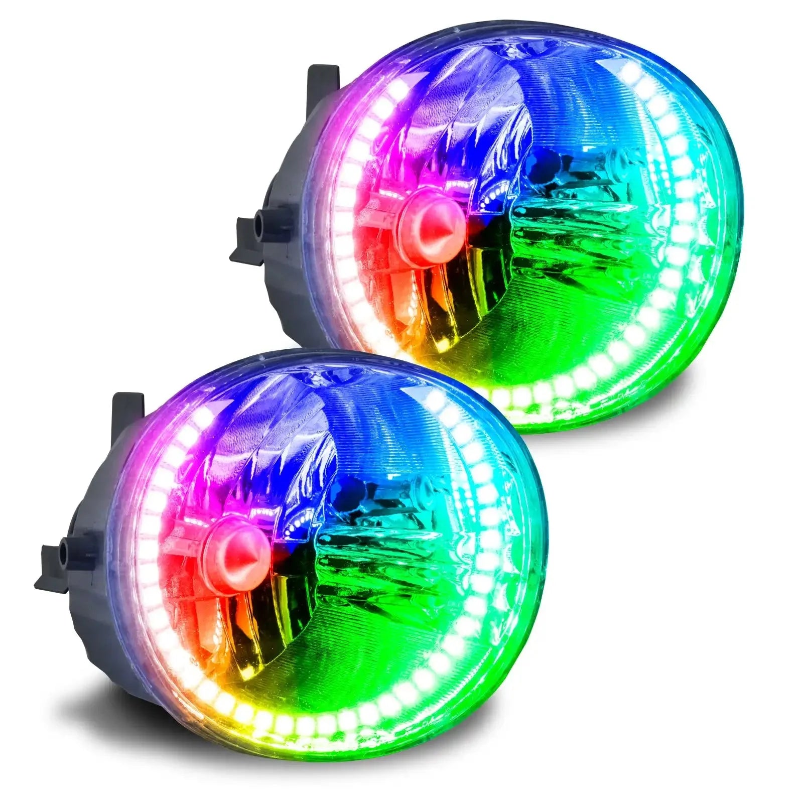 Pair of round RGB LED headlights with multi-color halo for off-road vehicles
