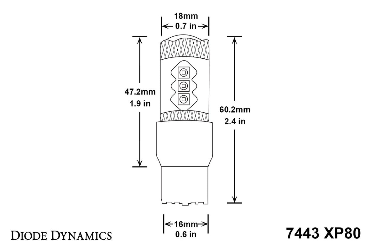 Diode Dynamics 7440/7443 XP80 turn signal LED bulb for trucks and SUVs – dimensions