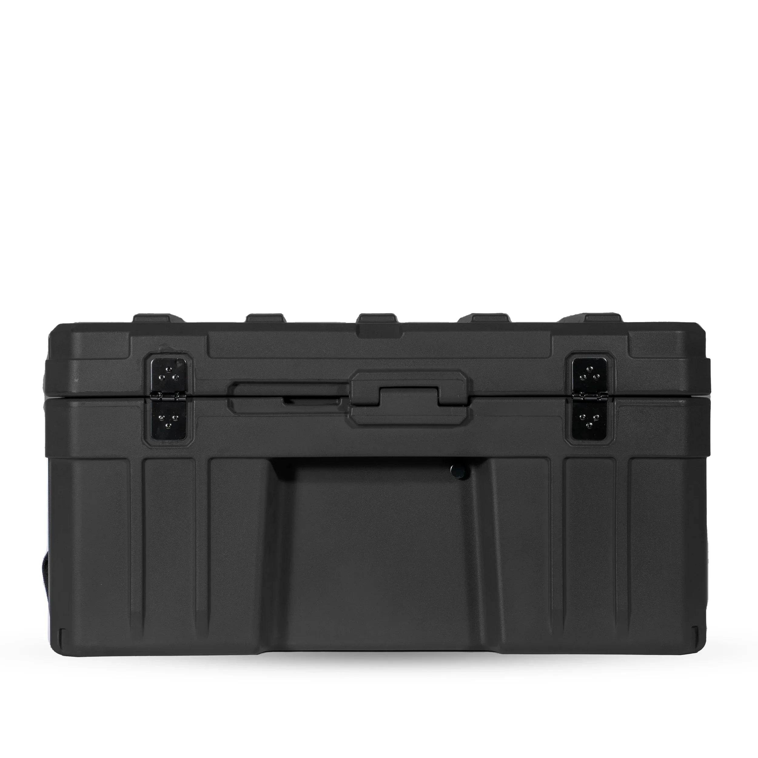 Black heavy-duty storage box for overlanding and vehicle camping gear, rear view