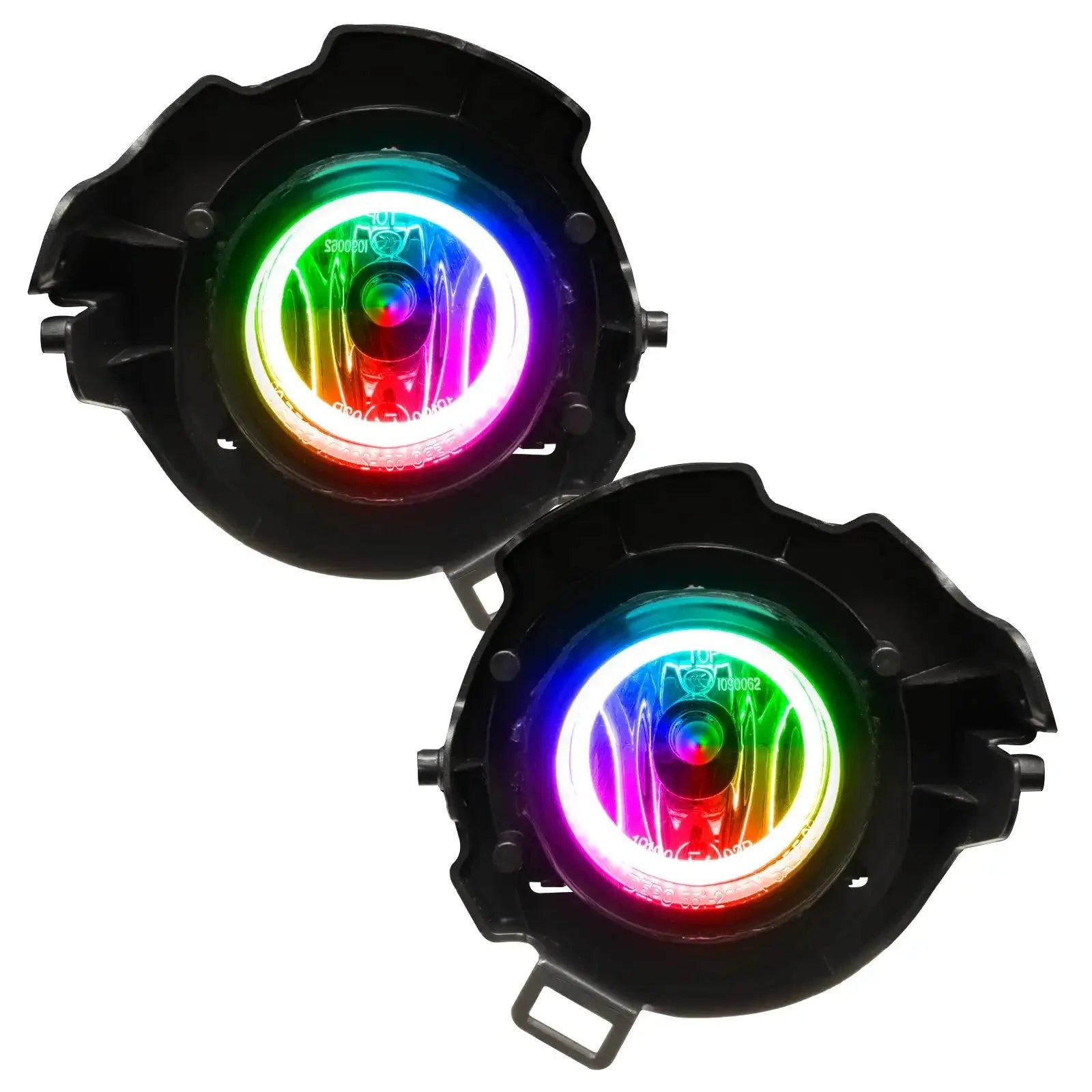 Pair of LED RGB halo fog lights for off-road vehicles, circular multicolor design