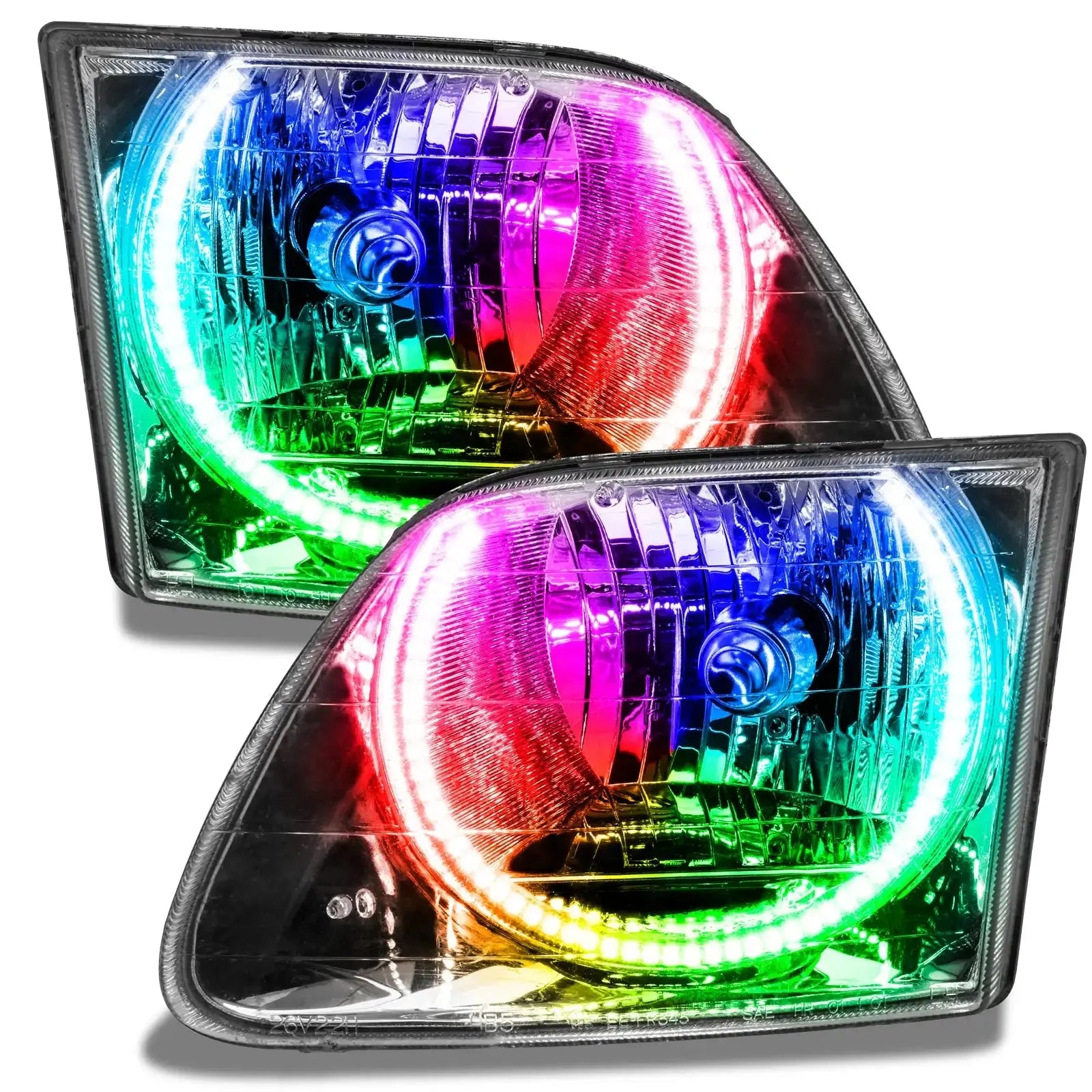 Pair of multicolor LED halo projector headlights for off-road vehicles and trucks