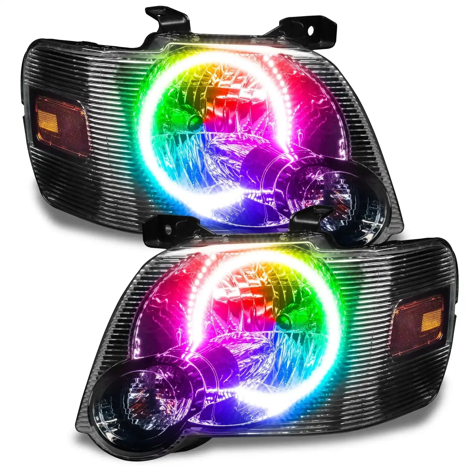 Pair of RGB LED halo headlights for Toyota Tacoma, clear lens, multicolor light rings