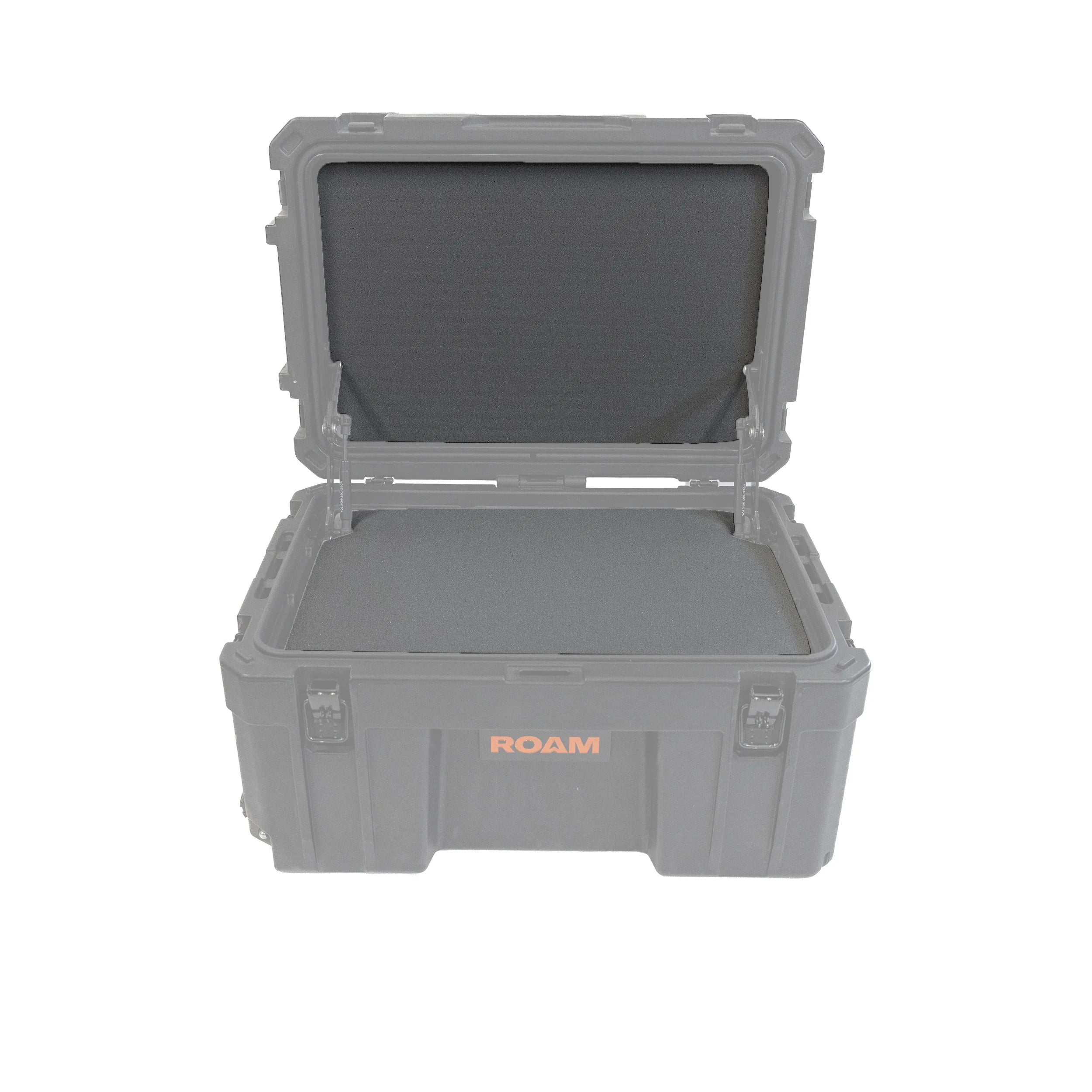 Protective foam insert inside an open storage case for overlanding gear