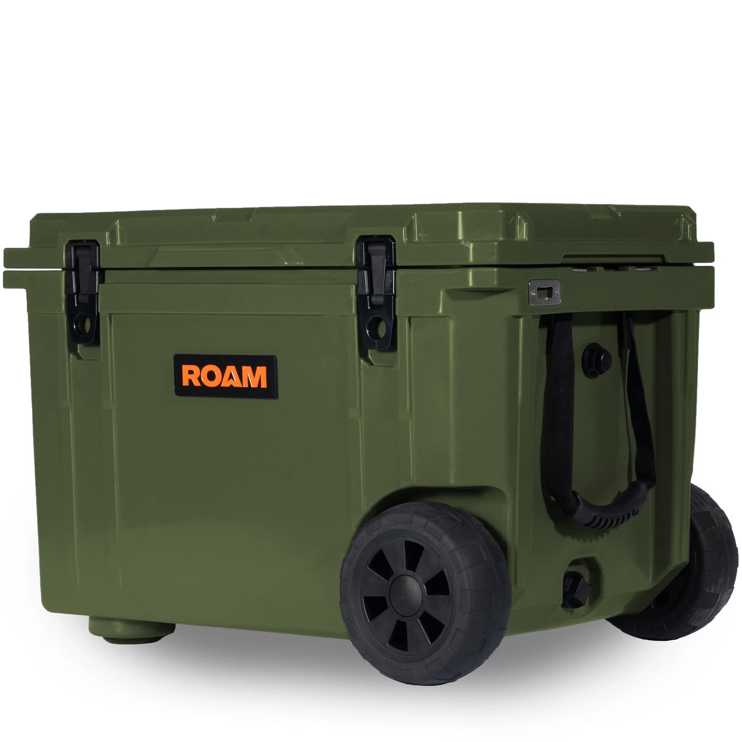 Olive green 80L rolling hard cooler with wheels and black latches, outdoor camping gear