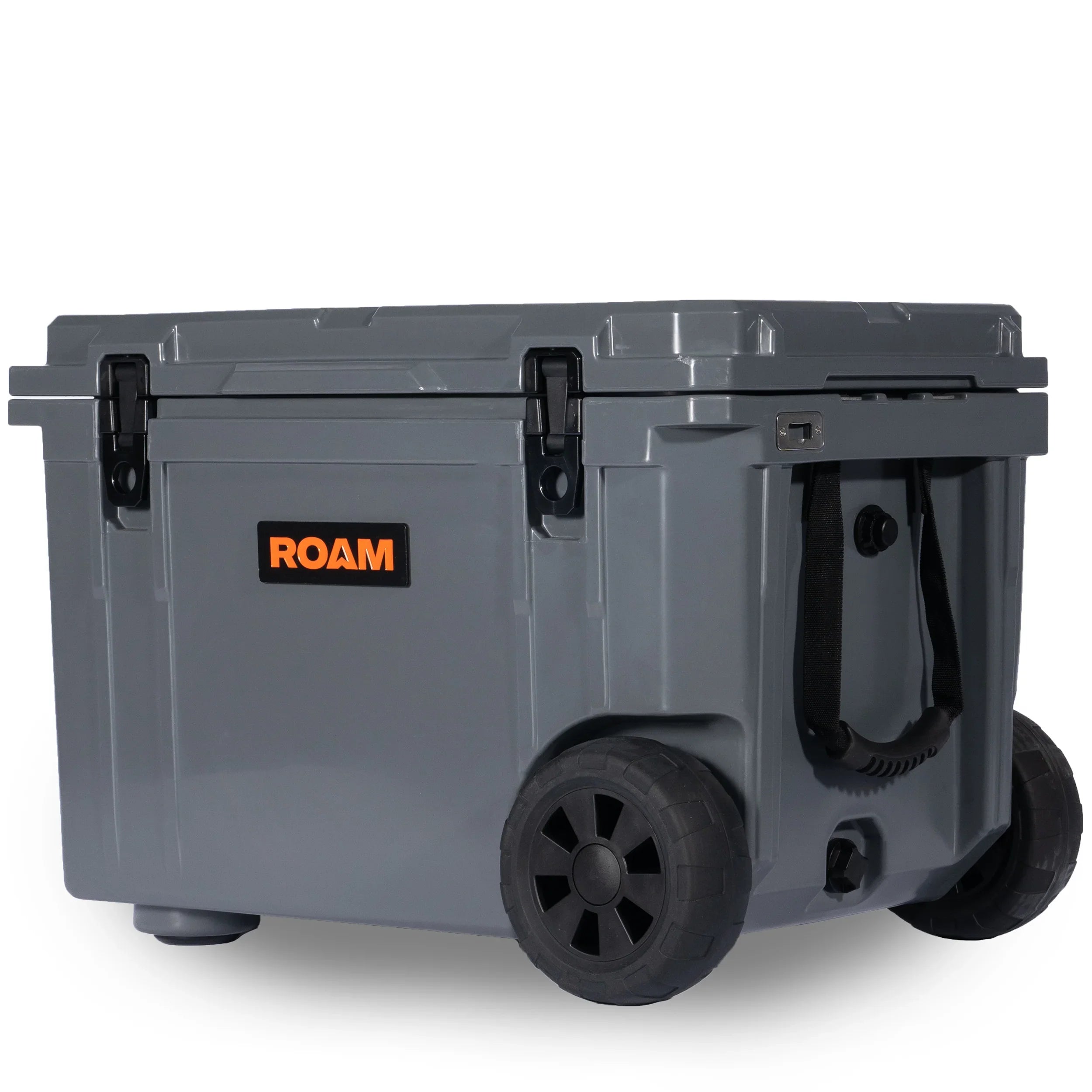 Large gray rolling hard cooler with wheels and sturdy handles for overlanding or camping gear