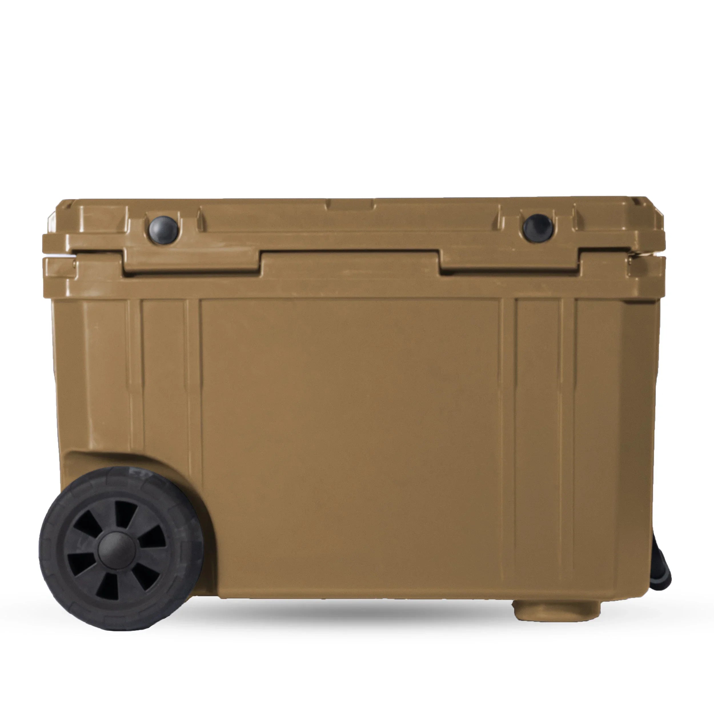 Desert tan 80L rolling storage box with rugged wheels for camping and overlanding gear