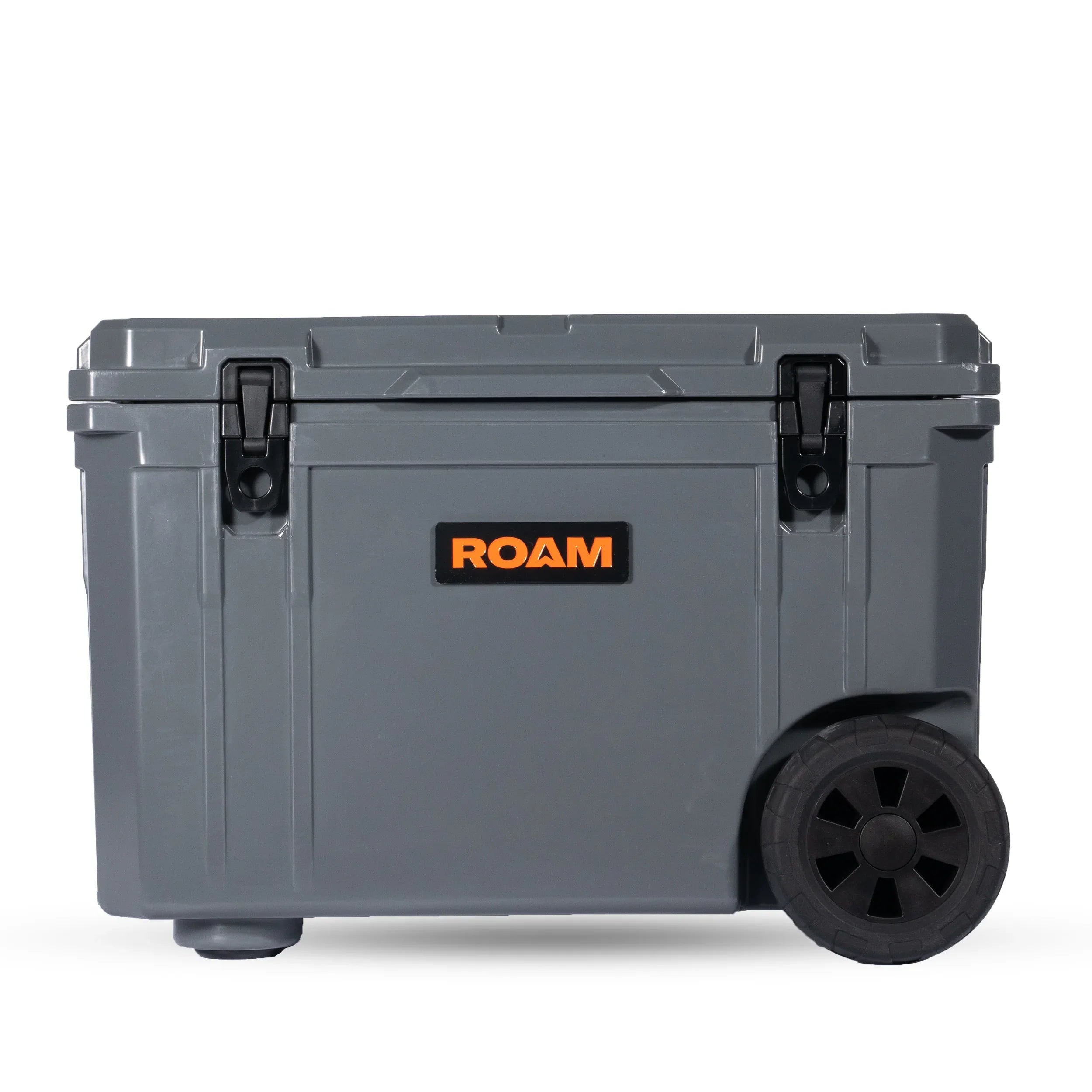 Gray 80L rolling cooler with black latches and wheels, ROAM logo on front, for camping gear