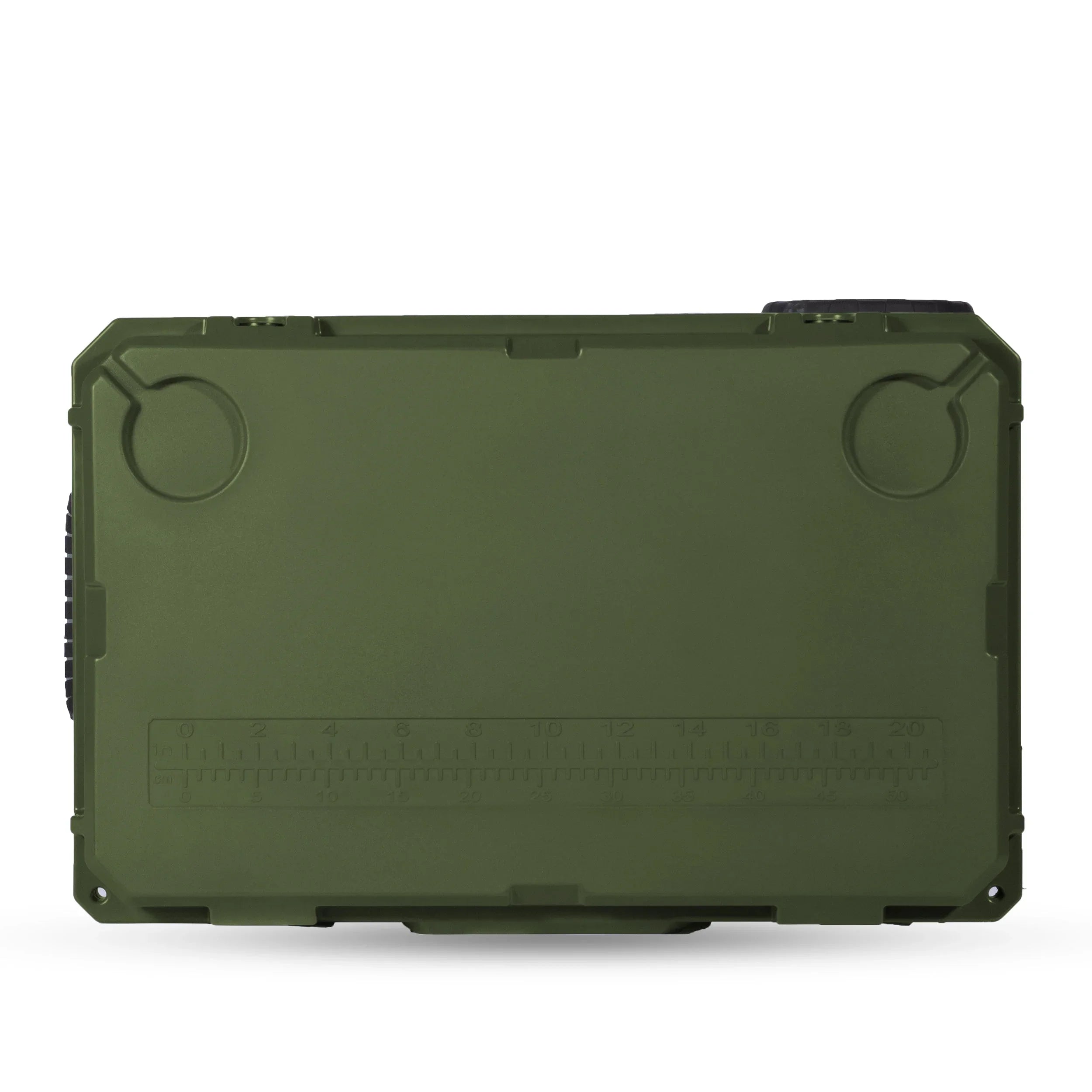 Olive drab green 80L rolling storage case with ruler markings, rugged for overlanding gear