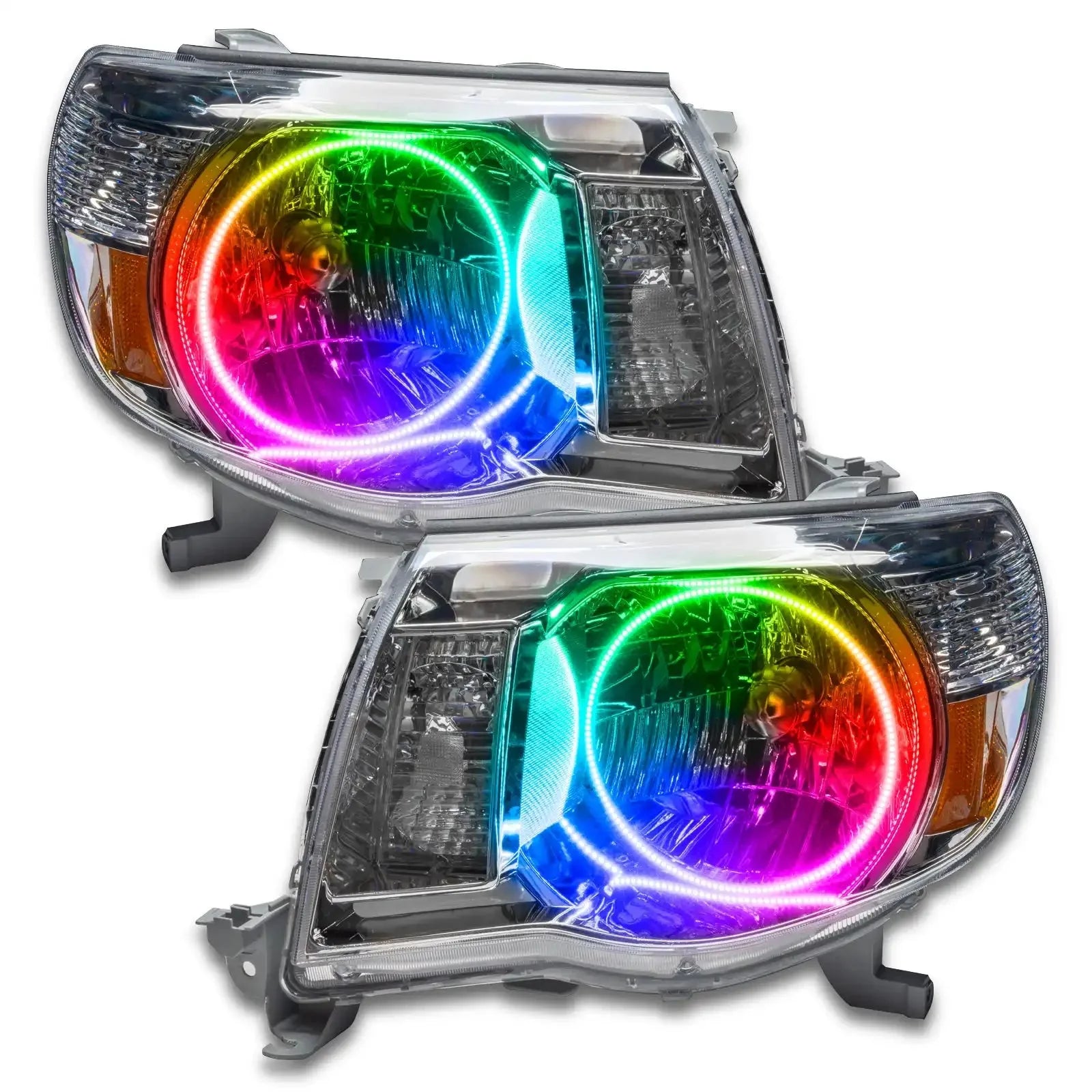 Pair of LED RGB halo projector headlights for Toyota Tacoma, multi-color automotive lighting