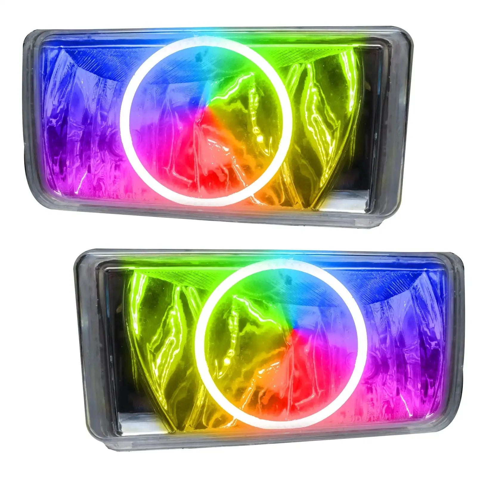 Pair of rectangular LED headlights with multicolor halo rings for off-road vehicles
