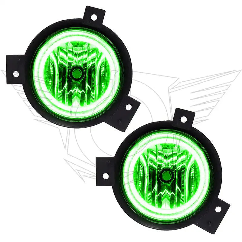 Pair of round green LED halo fog lights for off-road vehicles