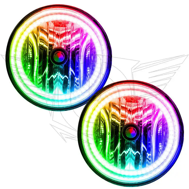 Pair of round RGB LED halo headlights with multicolor rings for off-road vehicles