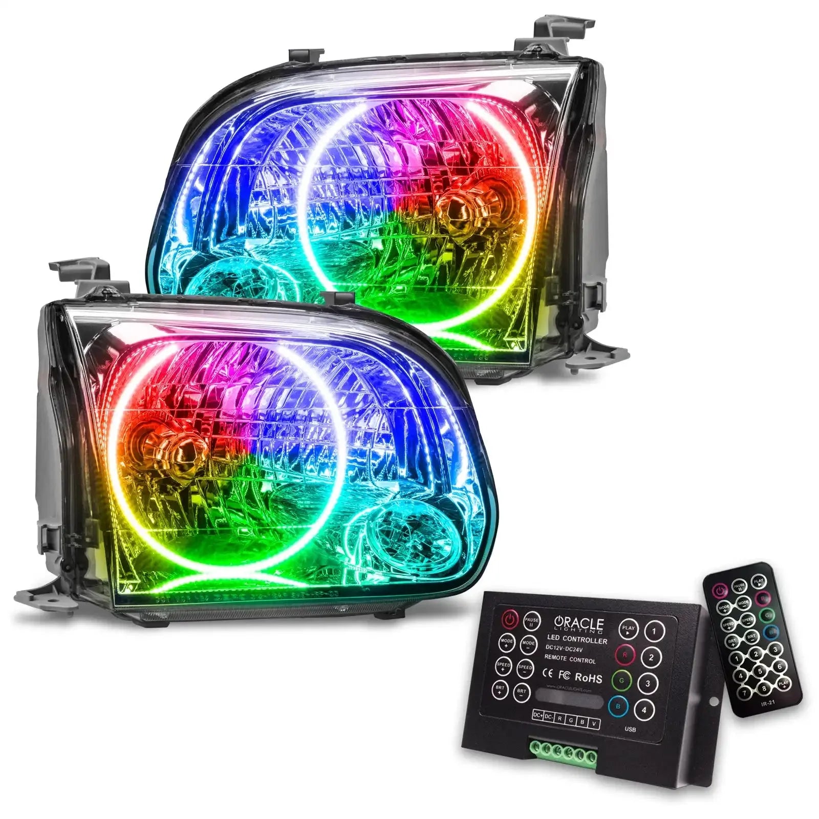 Pair of multicolor LED halo headlights with remote control for off-road vehicles