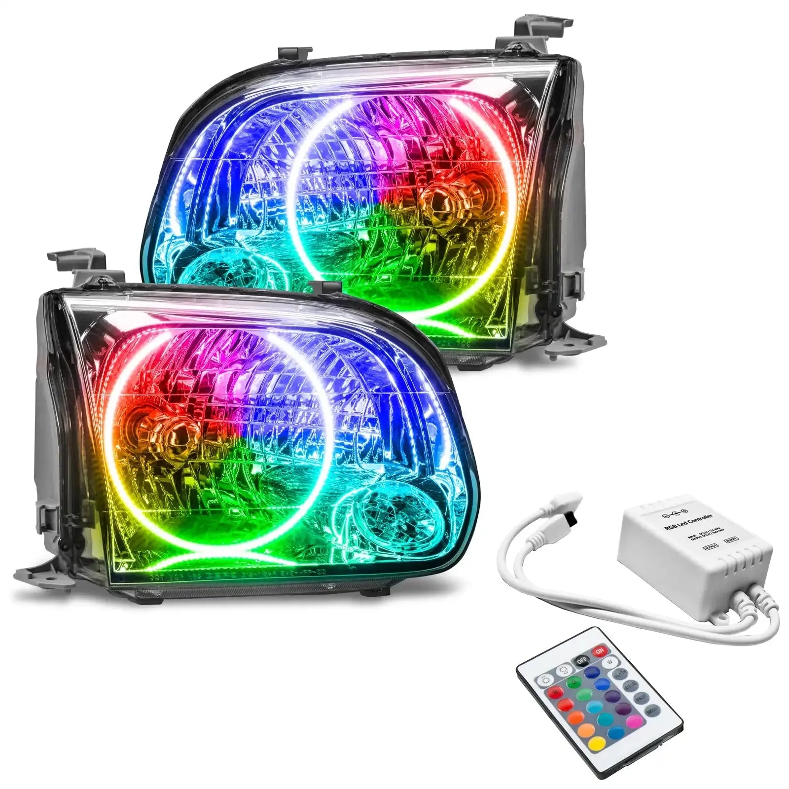 Pair of RGB LED halo headlights with remote and controller for off-road vehicle customization