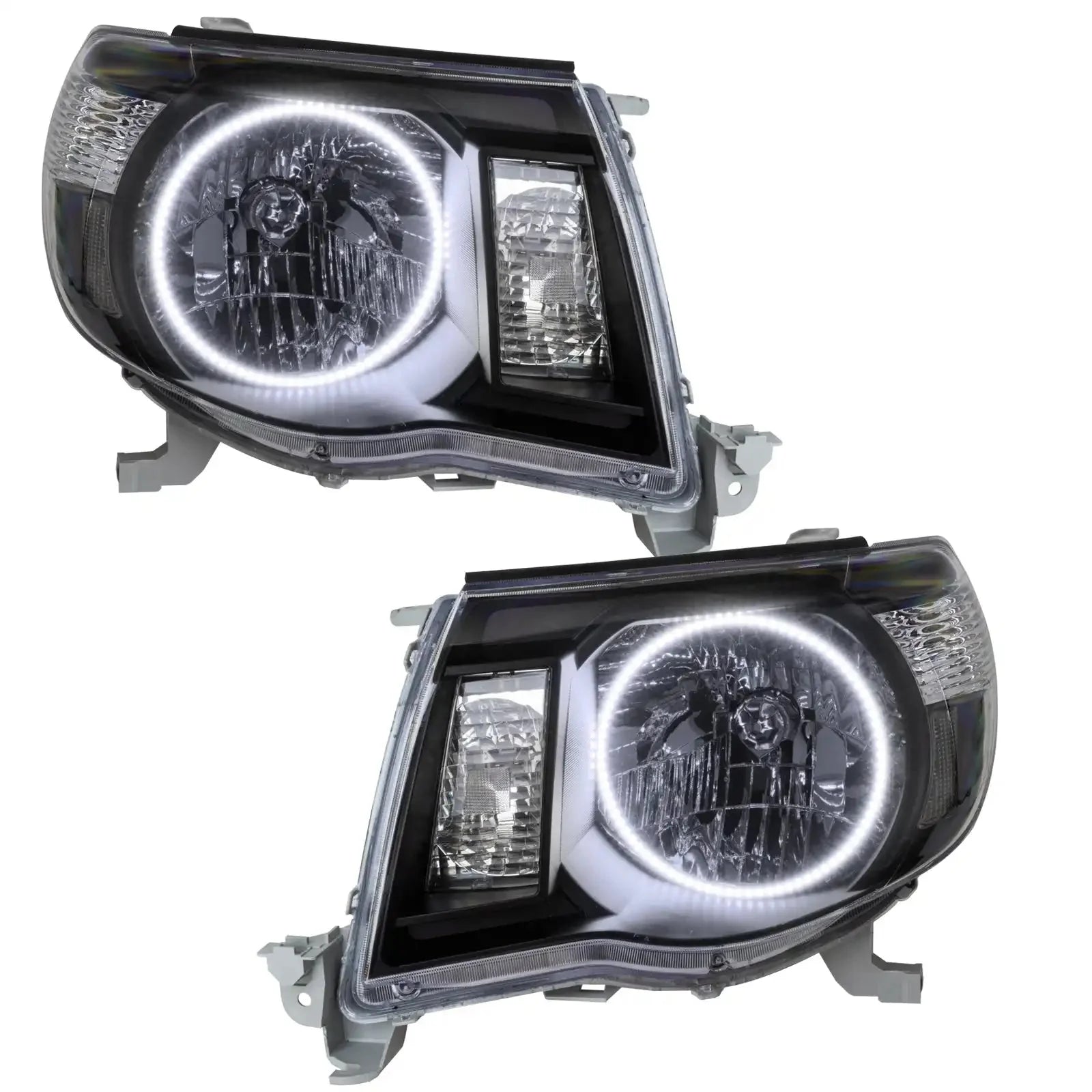 Pair of LED halo projector headlights for Toyota Tacoma, clear lens, black housing