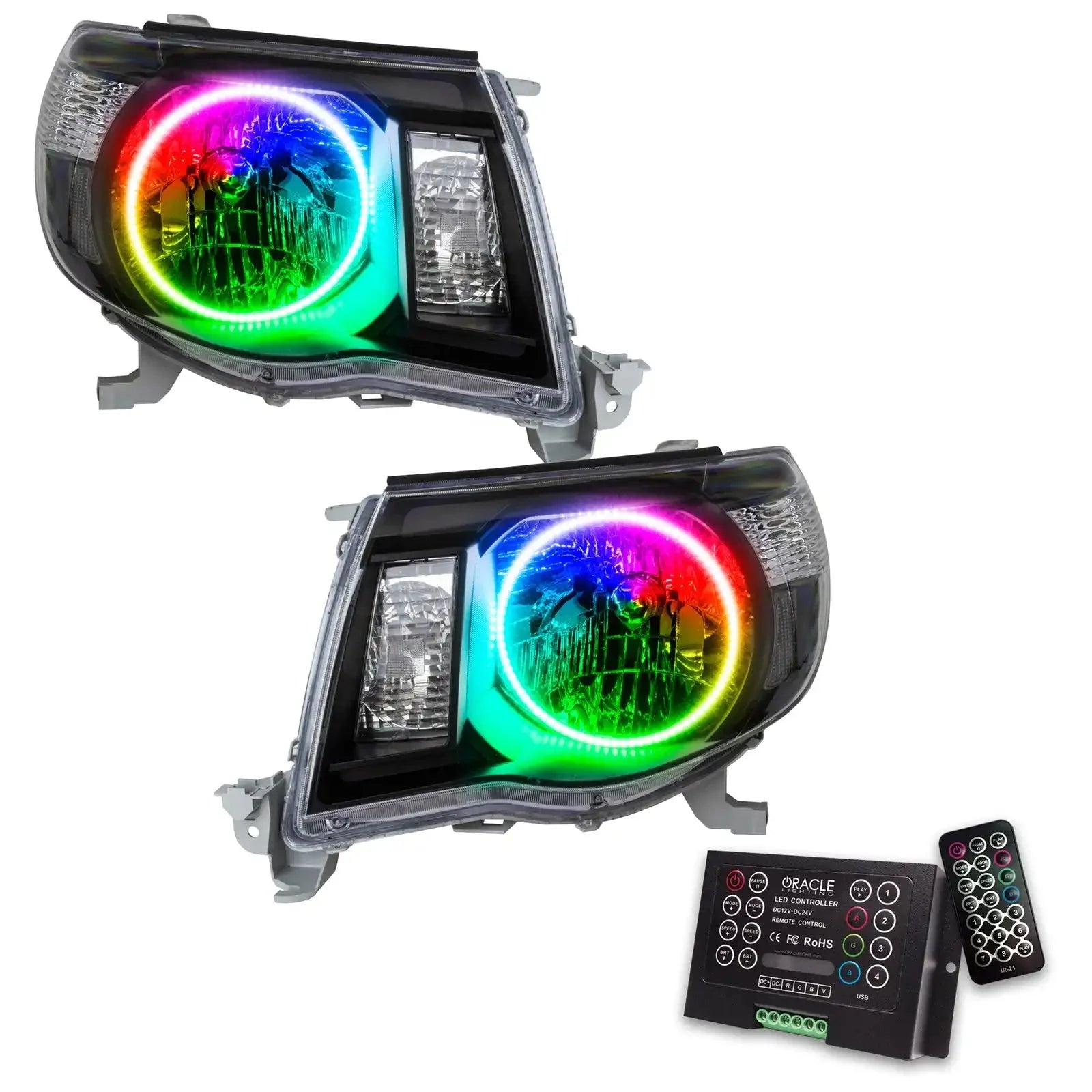 Pair of LED halo headlights with multicolor rings and remote control for Toyota Tacoma