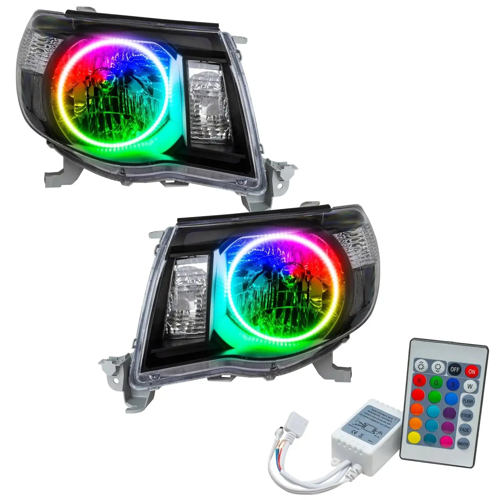 Pair of aftermarket Toyota Tacoma RGB LED halo headlights with remote control