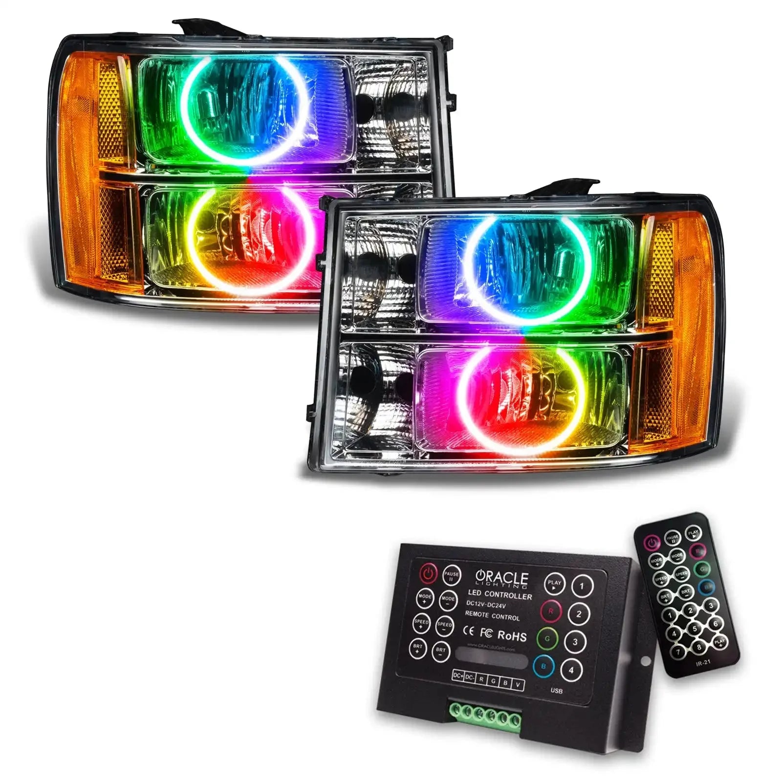 Pair of custom LED halo headlights with multicolor RGB rings and remote control for trucks or SUVs