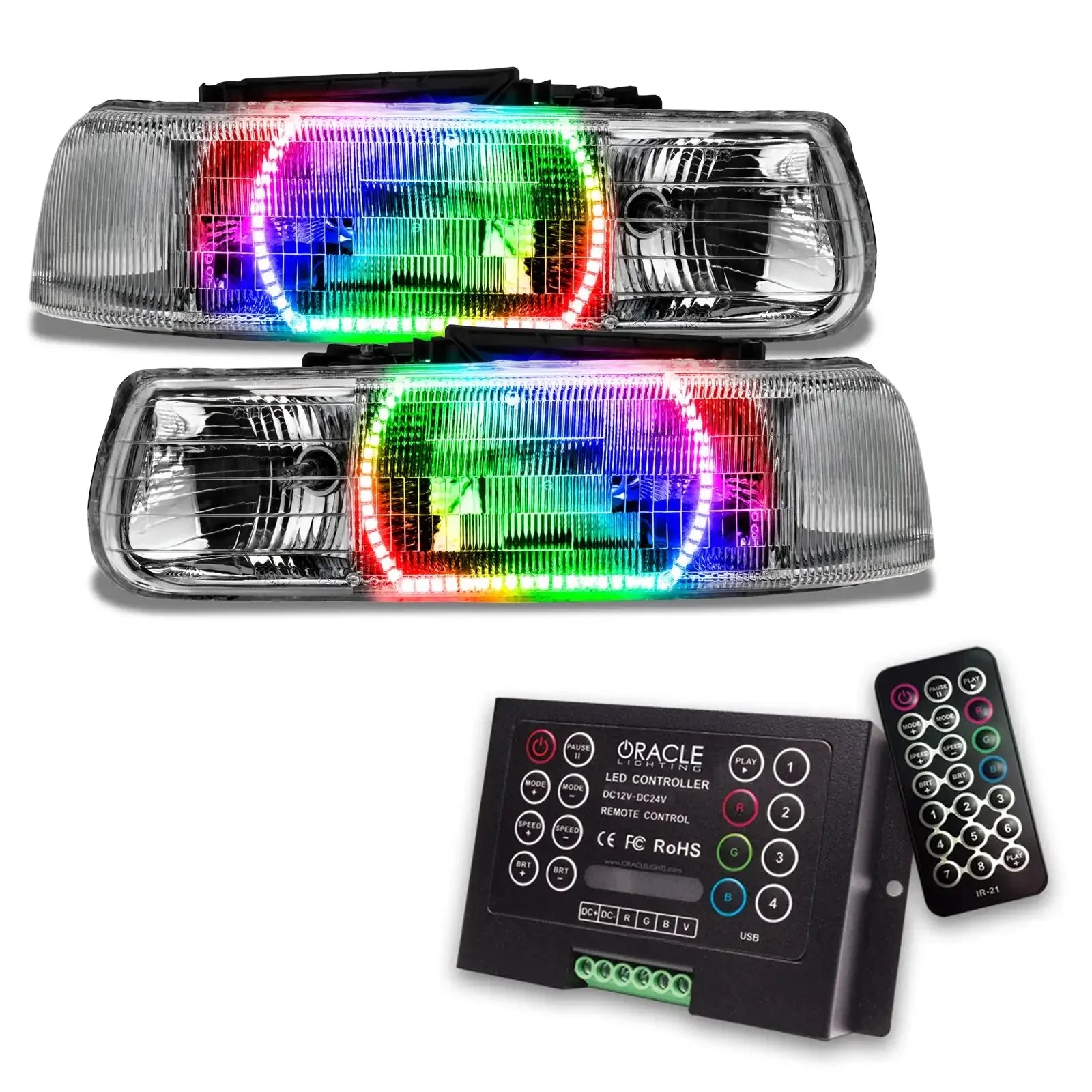 Color-changing LED headlights with controller and remote for off-road vehicles
