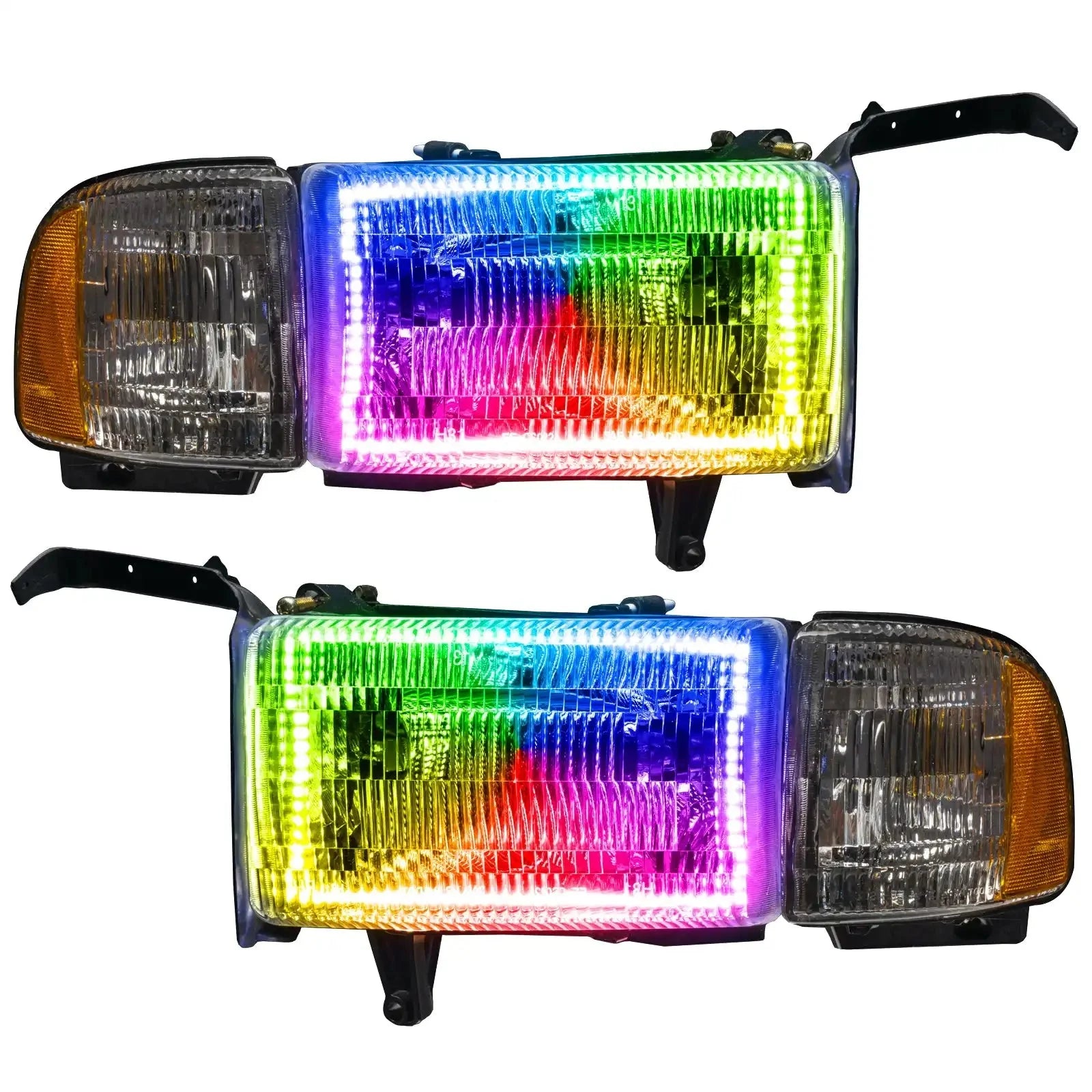 Pair of multicolor LED headlights with amber turn signals for Toyota Tacoma, clear lens